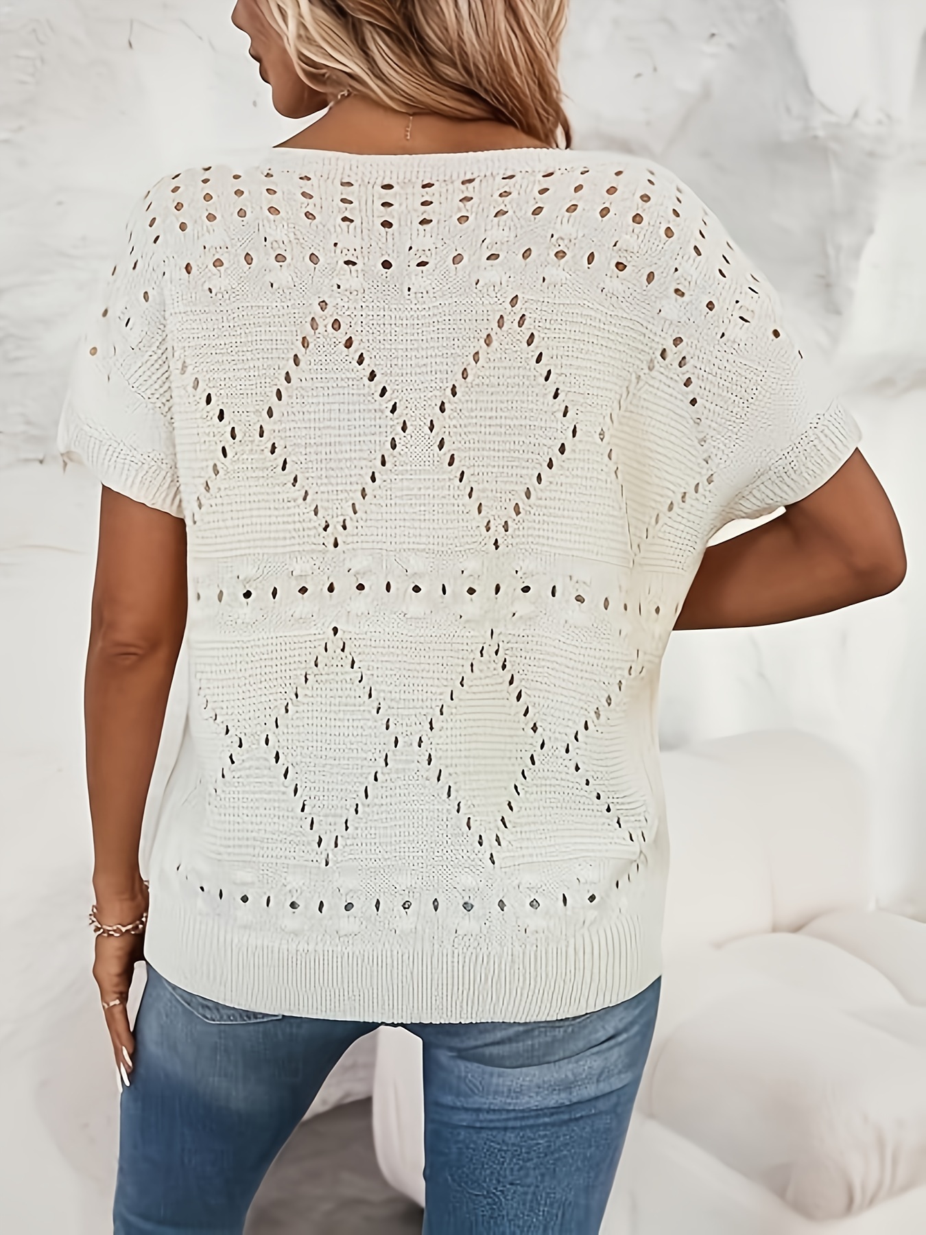 plus size argyle pattern knitted top casual cut out crew neck short sleeve top womens plus size clothing details 0