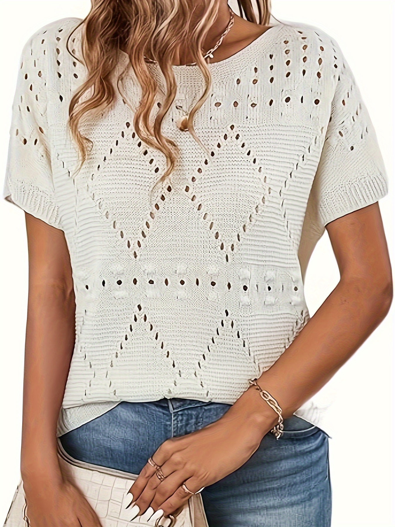 plus size argyle pattern knitted top casual cut out crew neck short sleeve top womens plus size clothing details 3