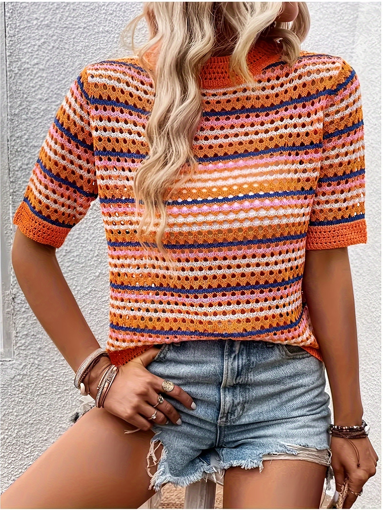 plus size collared striped knitted top casual cut out crew neck short sleeve top womens plus size clothing details 2