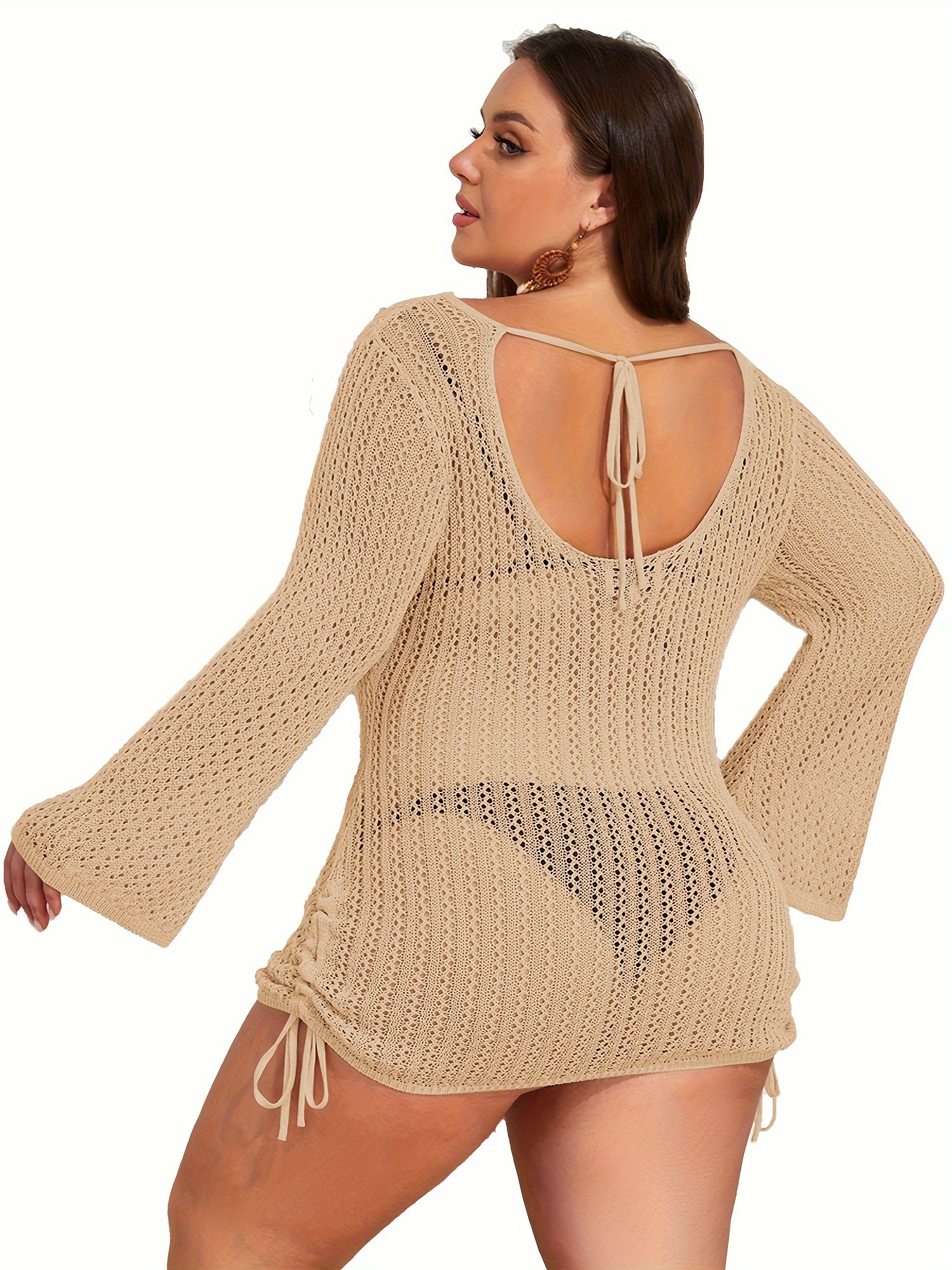 women plus size hollowed out beach cover up long sleeve crew neck knitwear details 2