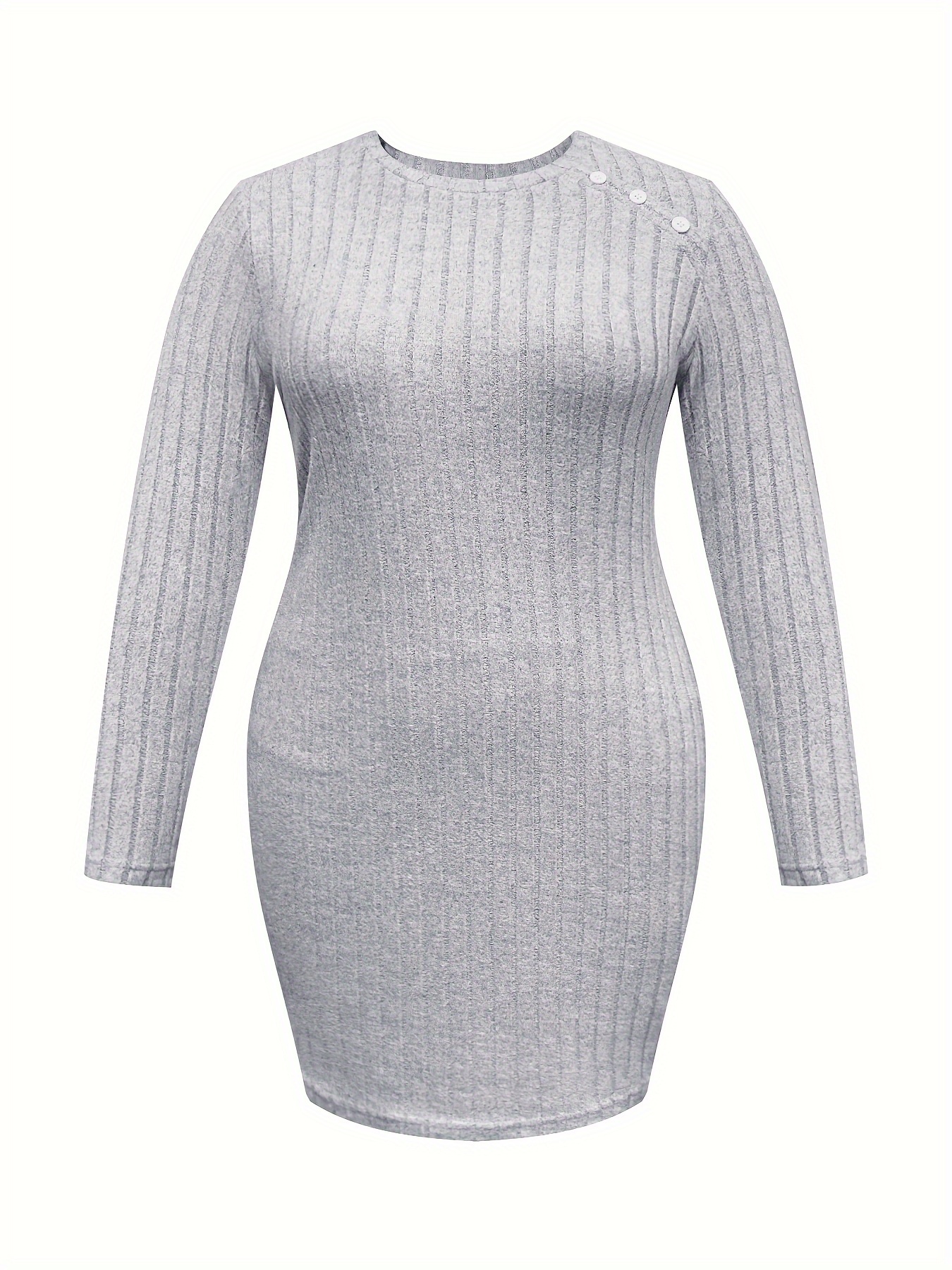 plus size basic sweater dress womens plus solid button decor long sleeve crew neck slim fit ribbed knit dress details 4