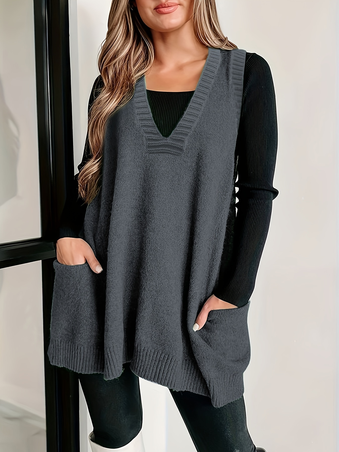 plus size solid pockets sweater vest casual v neck sleeveless vest womens plus size clothing details 0