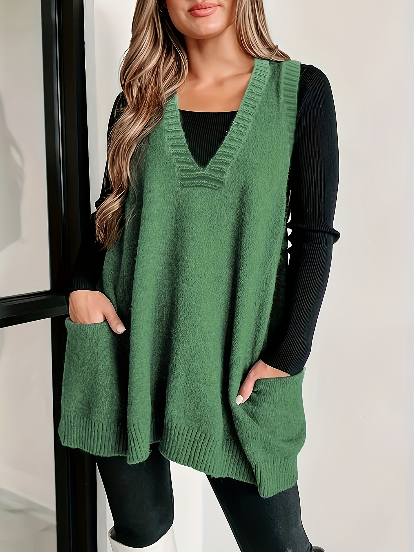 plus size solid pockets sweater vest casual v neck sleeveless vest womens plus size clothing details 10