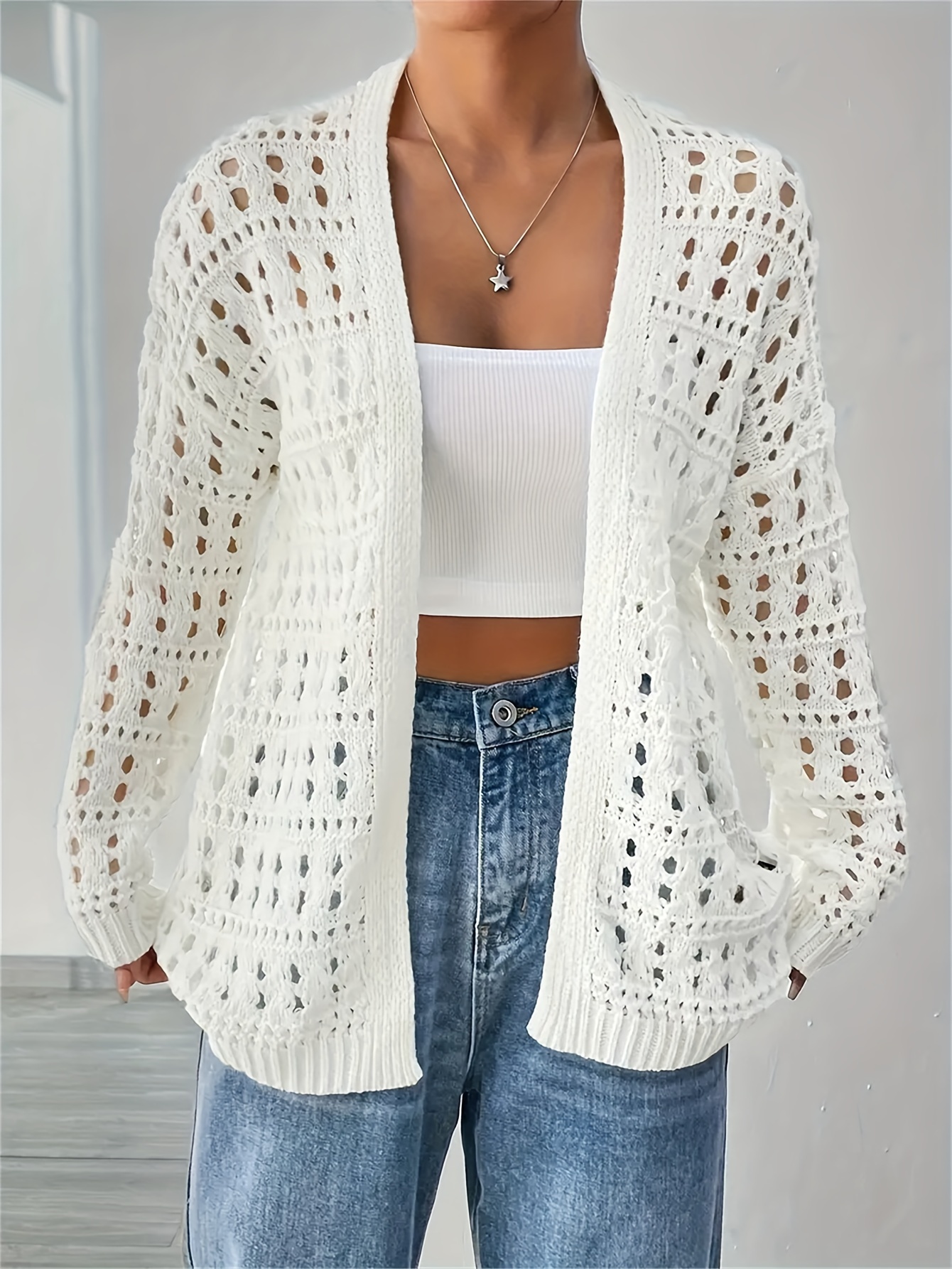 plus size hollow out open front cardigan casual solid long sleeve crochet cardigan womens plus size clothing details 1