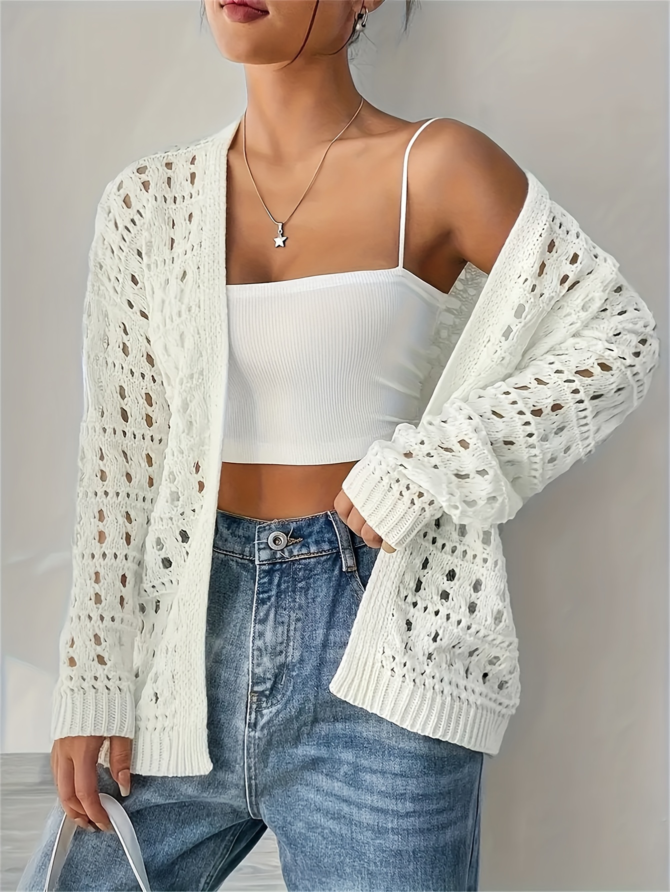 plus size hollow out open front cardigan casual solid long sleeve crochet cardigan womens plus size clothing details 2