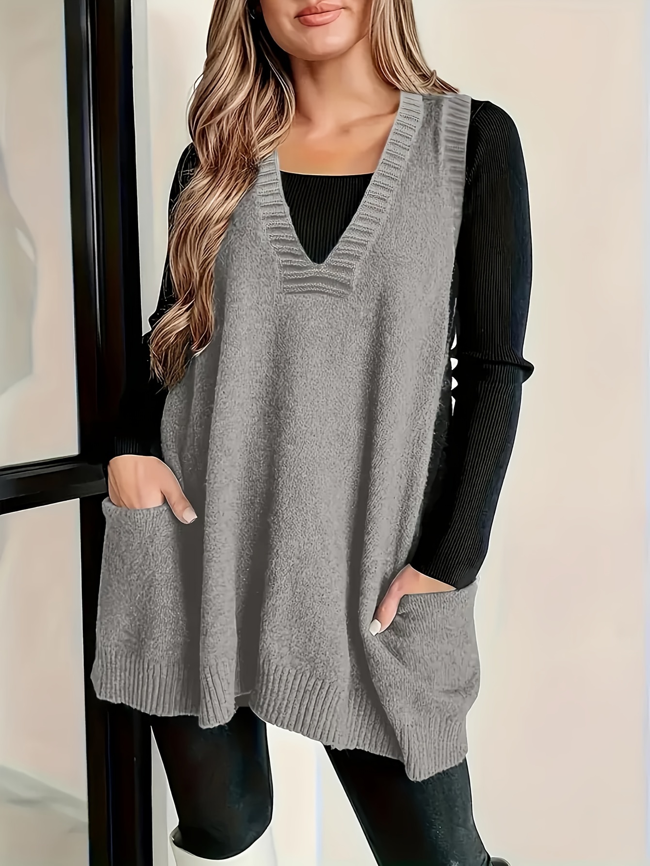 plus size solid v neck sweater vest casual side pockets sleeveless knitted vest for spring summer womens plus size clothing details 0