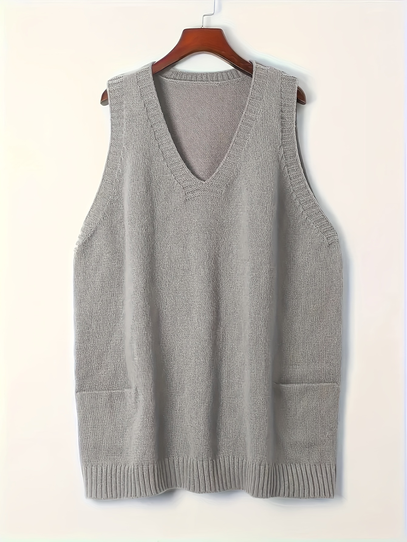 plus size solid v neck sweater vest casual side pockets sleeveless knitted vest for spring summer womens plus size clothing details 1