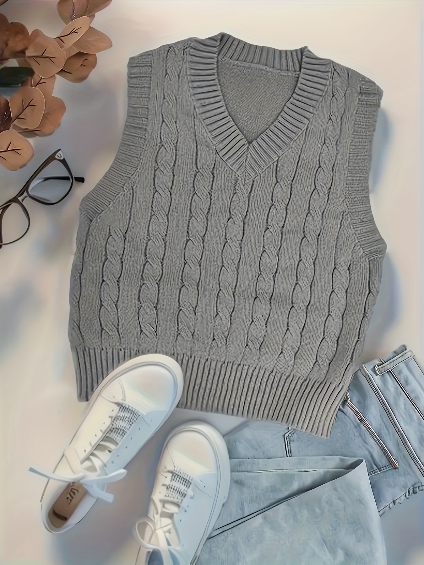 plus size solid cable knit vest casual sleeveless v neck top for spring summer womens plus size clothing details 0