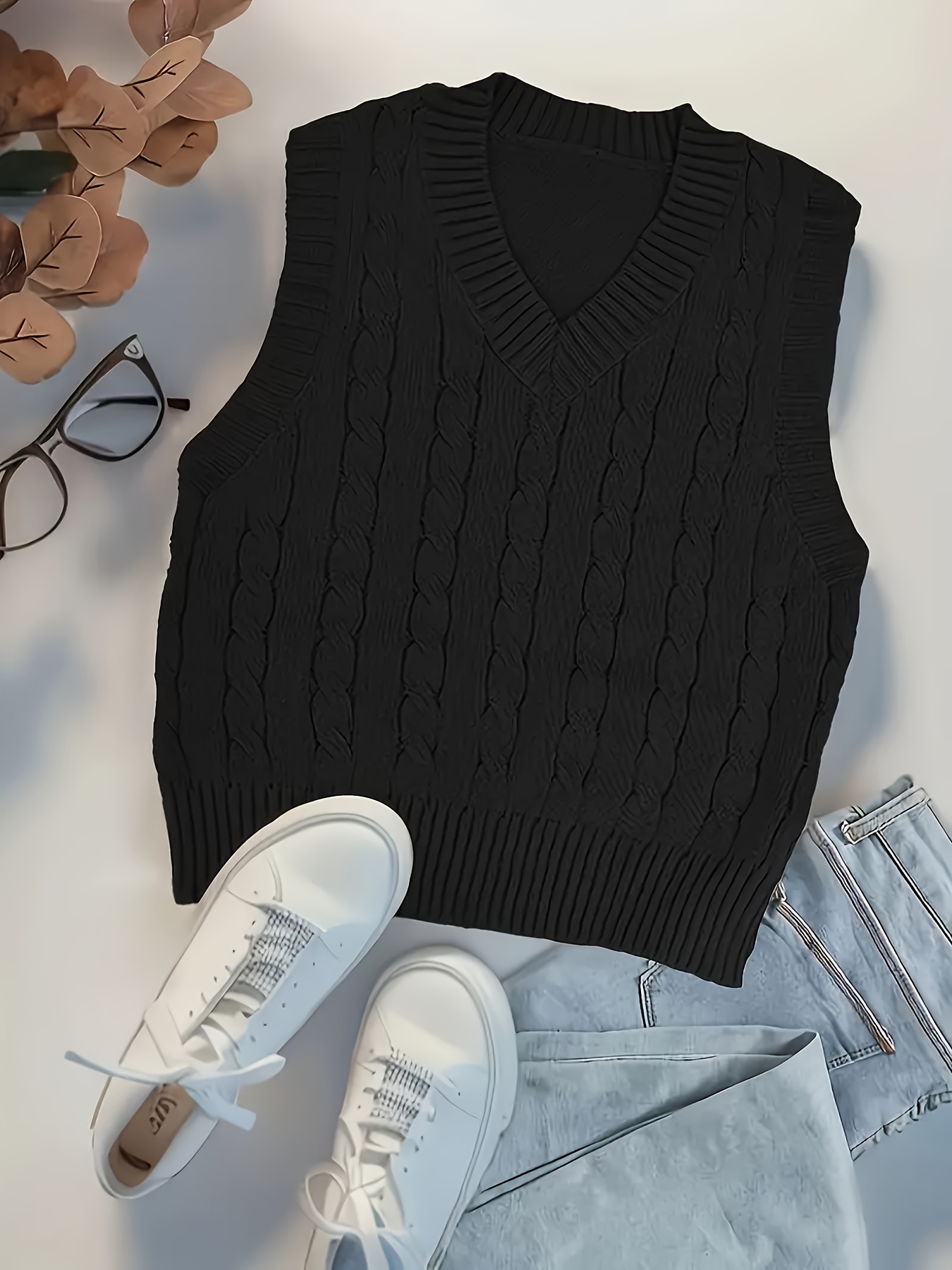 plus size solid cable knit vest casual sleeveless v neck top for spring summer womens plus size clothing details 7