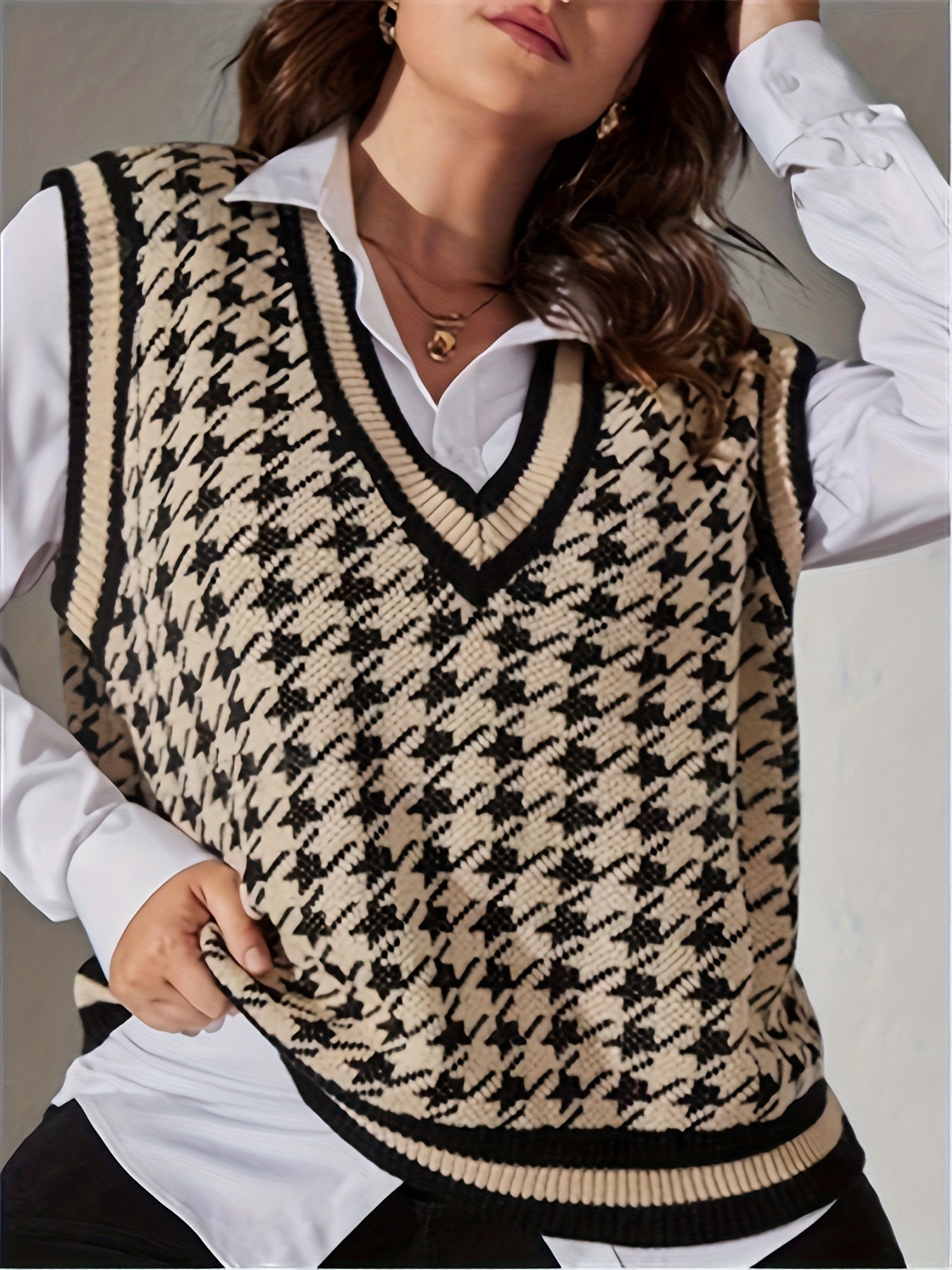 plus size houndstooth print sweater vest preppy v neck sleeveless vest womens plus size clothing details 3