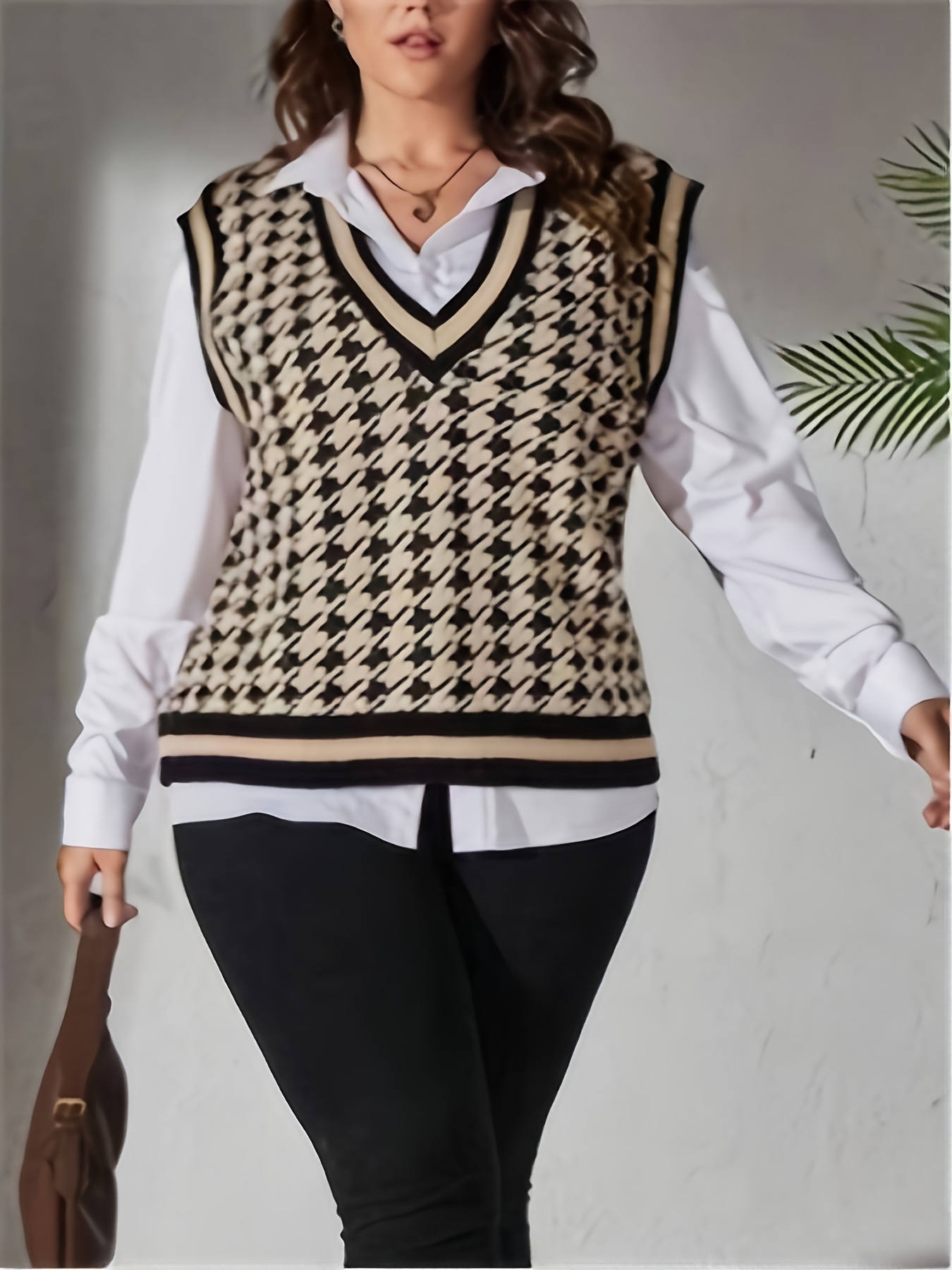 plus size houndstooth print sweater vest preppy v neck sleeveless vest womens plus size clothing details 4