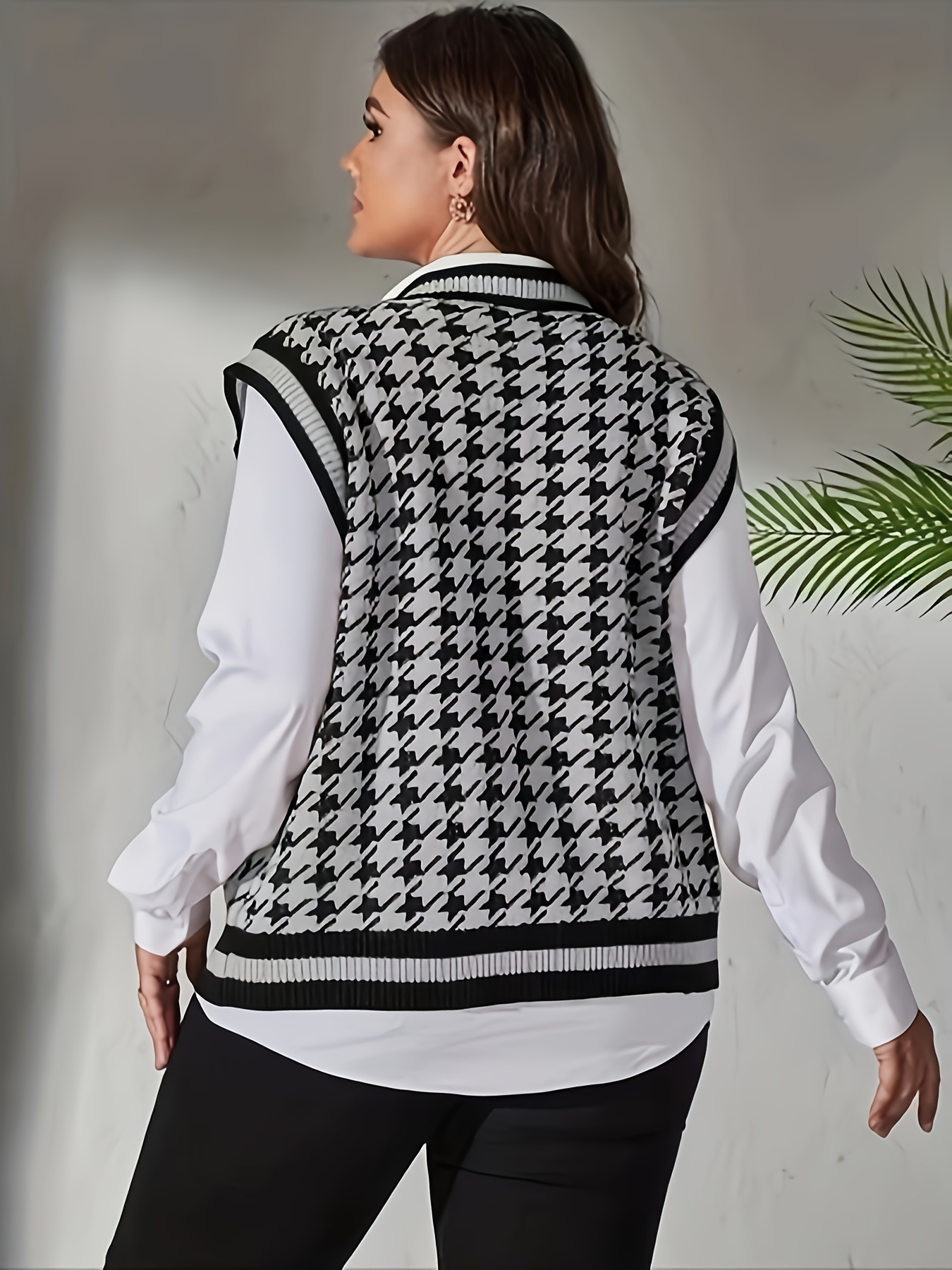 plus size houndstooth print sweater vest preppy v neck sleeveless vest womens plus size clothing details 5