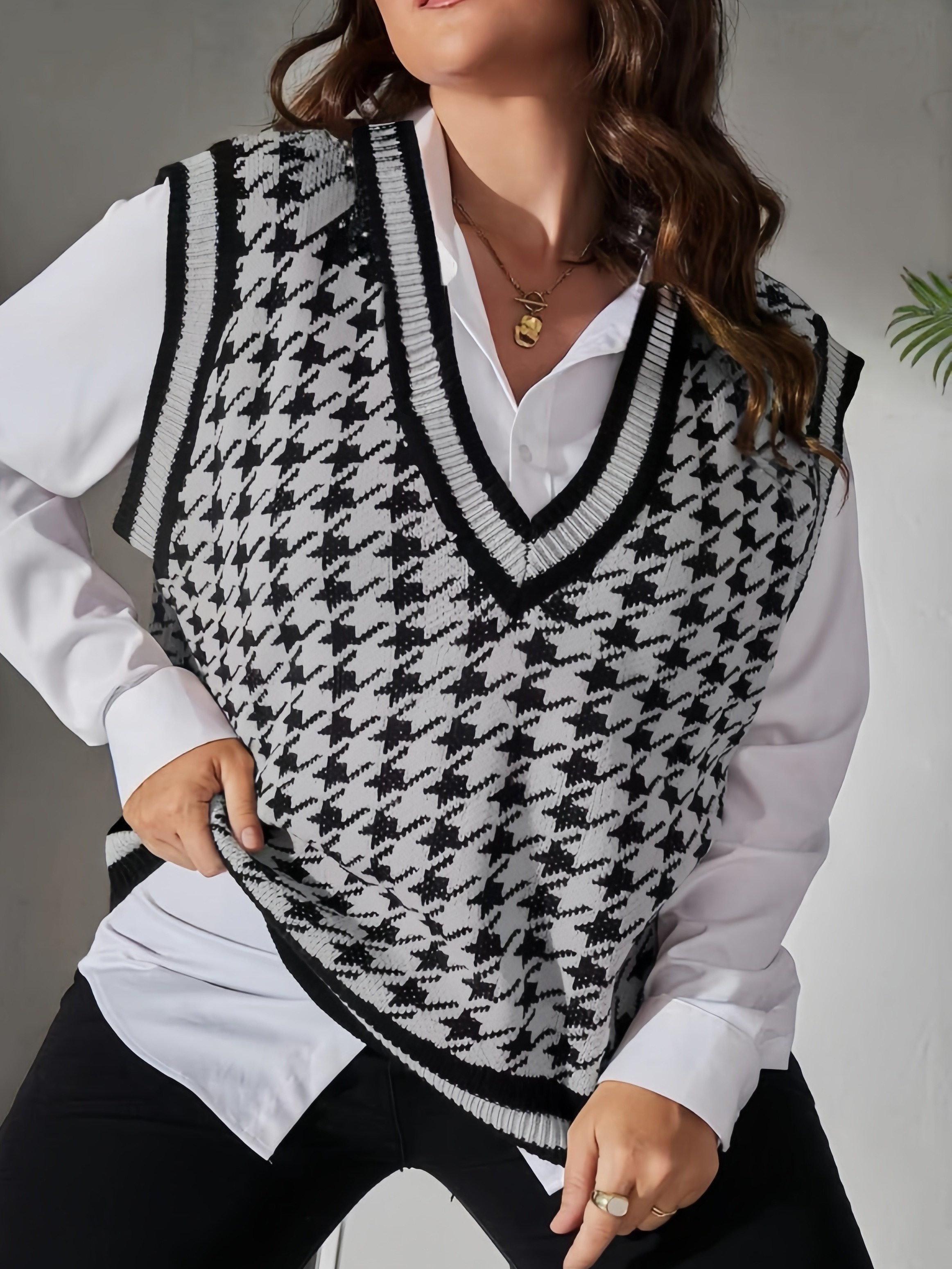 plus size houndstooth print sweater vest preppy v neck sleeveless vest womens plus size clothing details 6