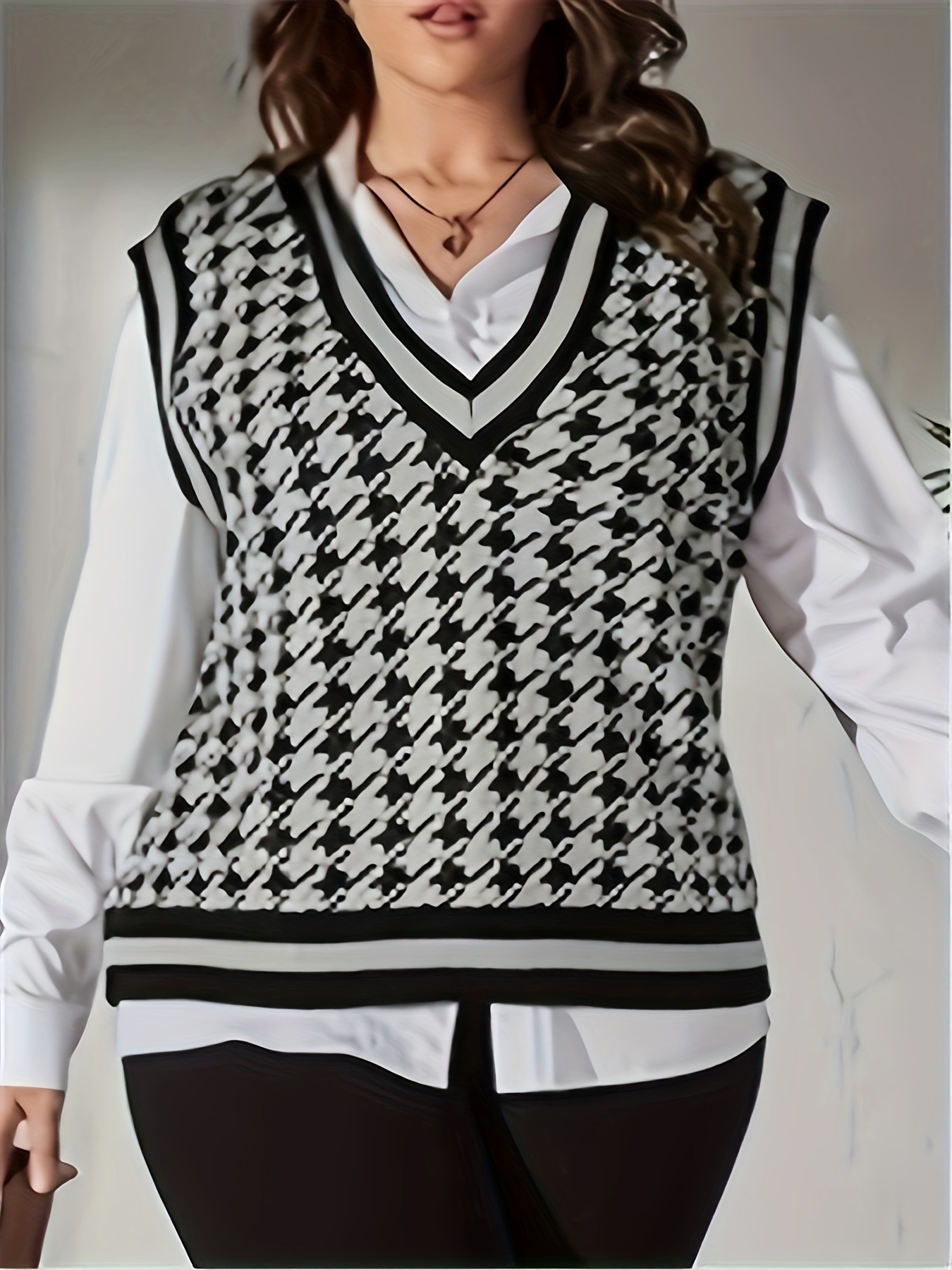 plus size houndstooth print sweater vest preppy v neck sleeveless vest womens plus size clothing details 7