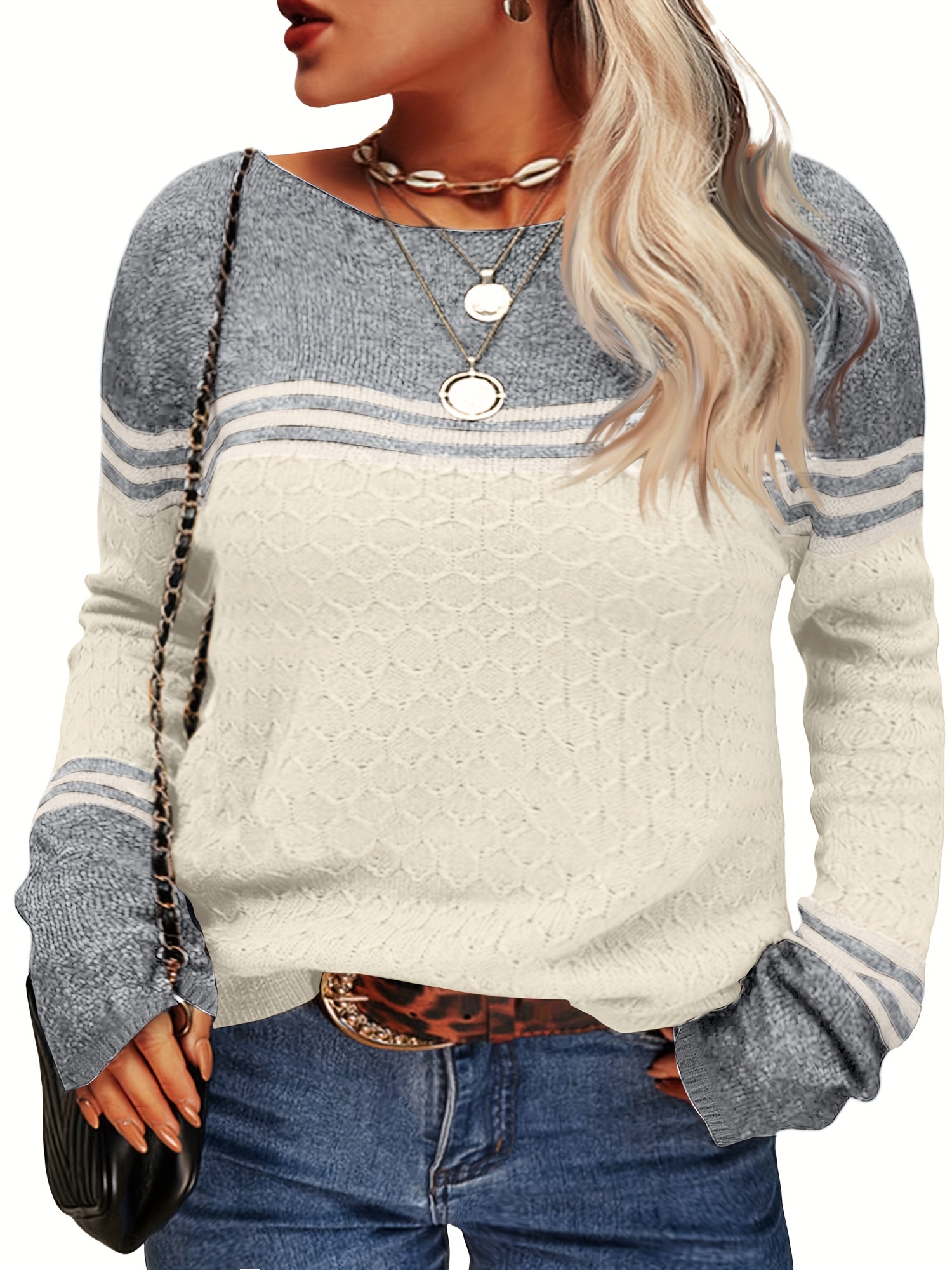 plus size casual sweater womens plus colorblock stripe print jacquard long sleeve round neck jumper details 0