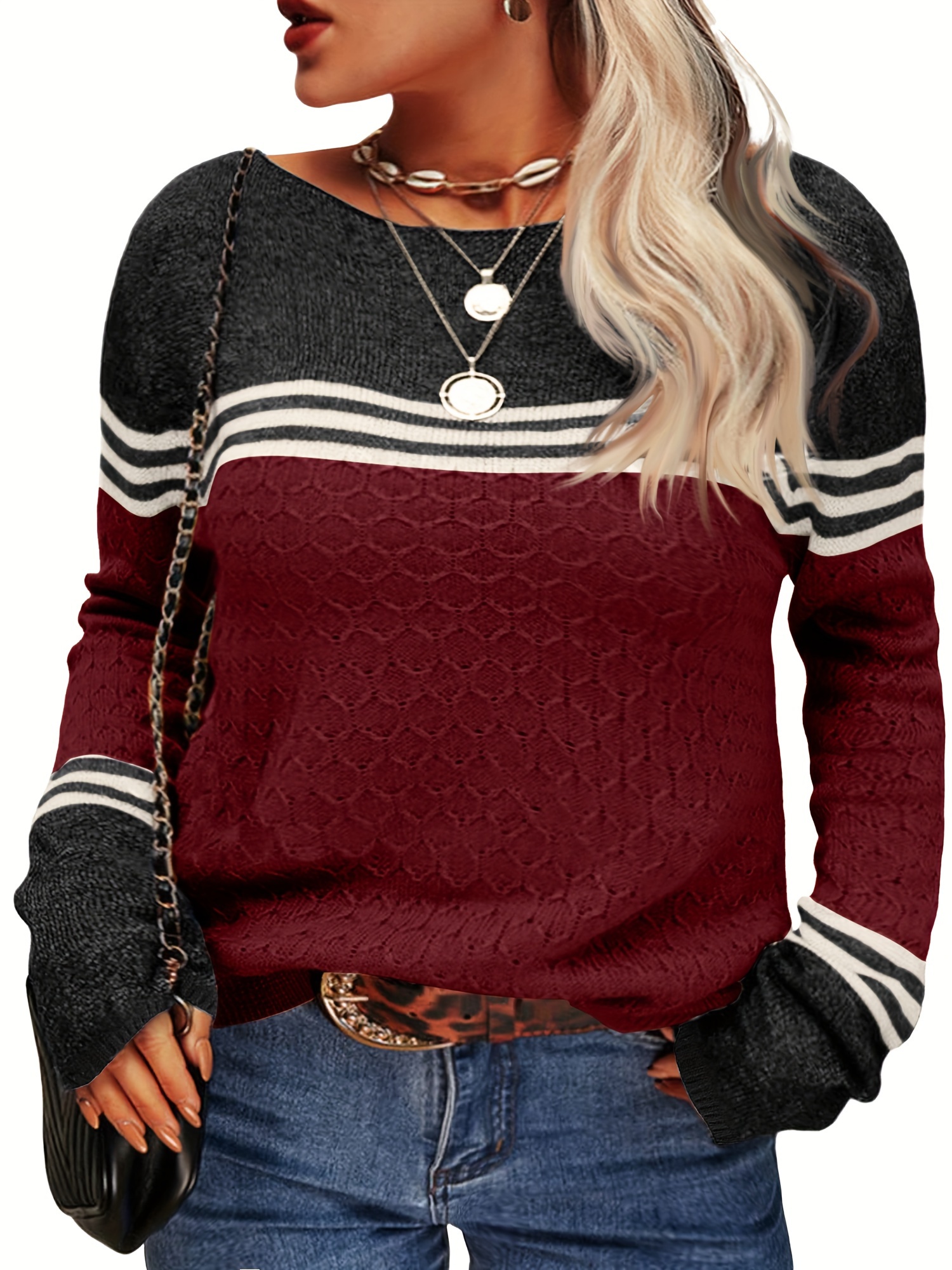 plus size casual sweater womens plus colorblock stripe print jacquard long sleeve round neck jumper details 3