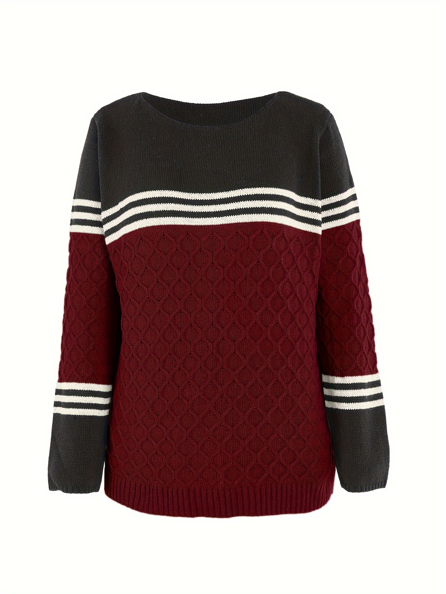 plus size casual sweater womens plus colorblock stripe print jacquard long sleeve round neck jumper details 5