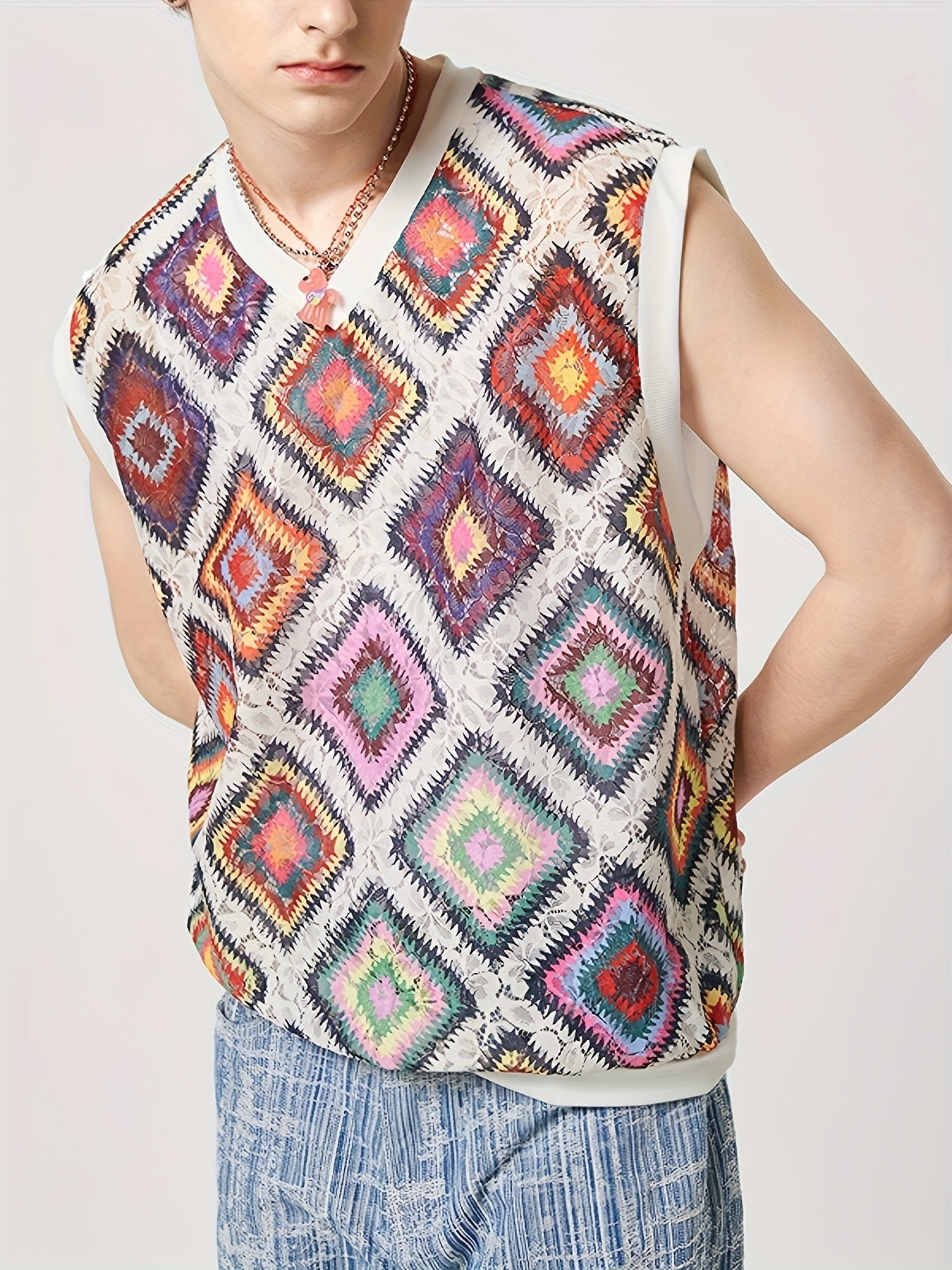 plus size mens flowers graphic graphic print knit vest stylish sleeveless sweater mens clothing coquette style details 0