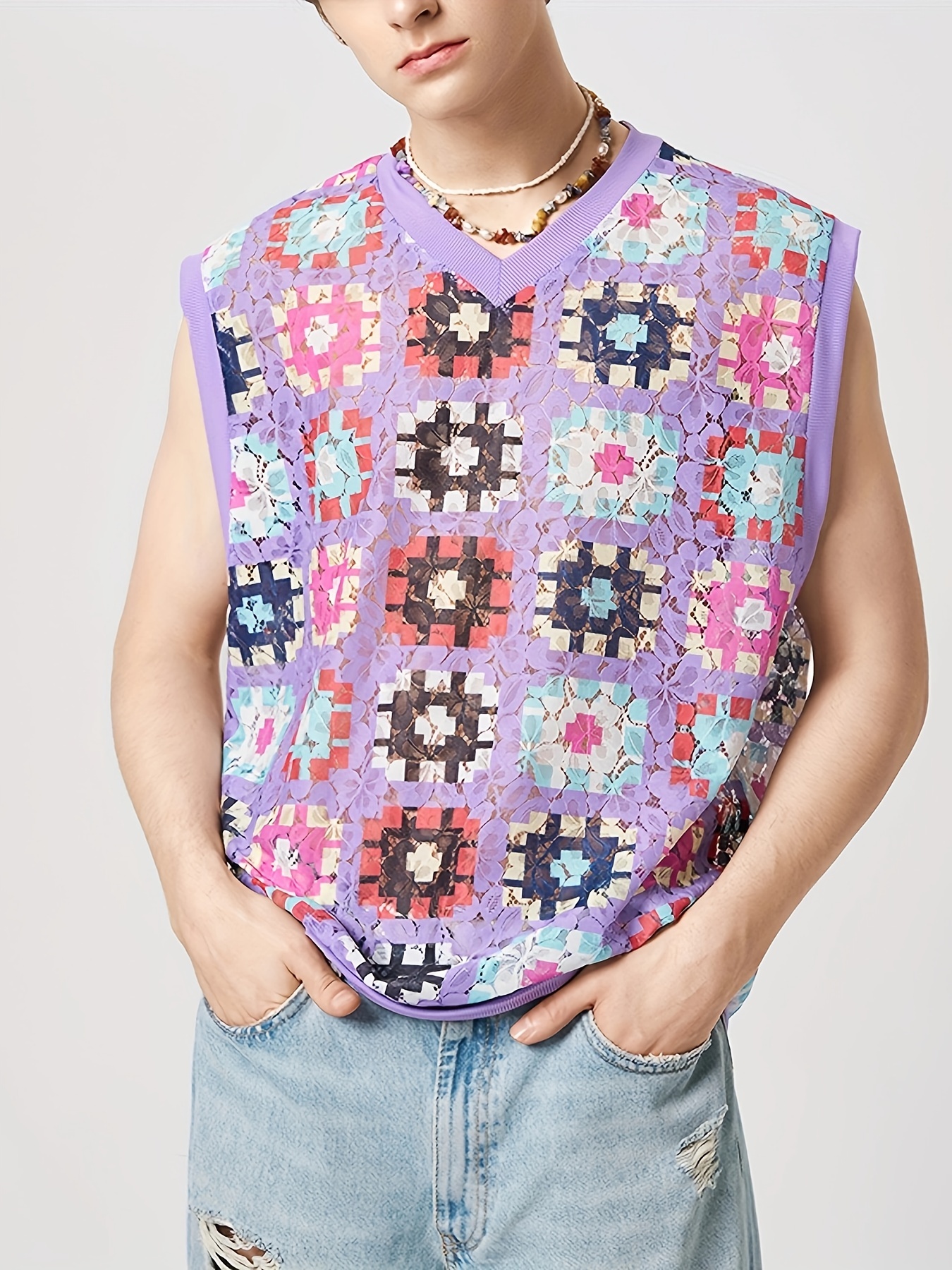 plus size mens flowers graphic graphic print knit vest stylish sleeveless sweater mens clothing coquette style details 5