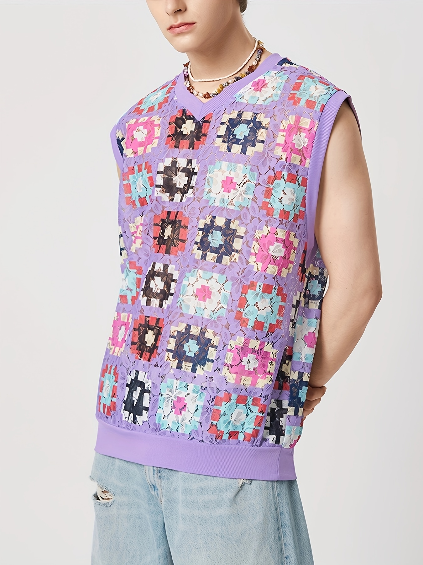 plus size mens flowers graphic graphic print knit vest stylish sleeveless sweater mens clothing coquette style details 8