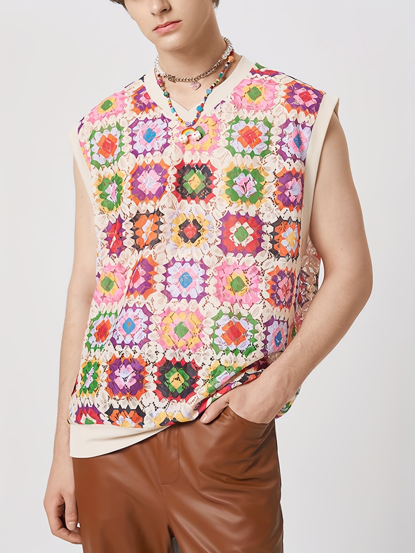 plus size mens flowers graphic graphic print knit vest stylish sleeveless sweater mens clothing coquette style details 9