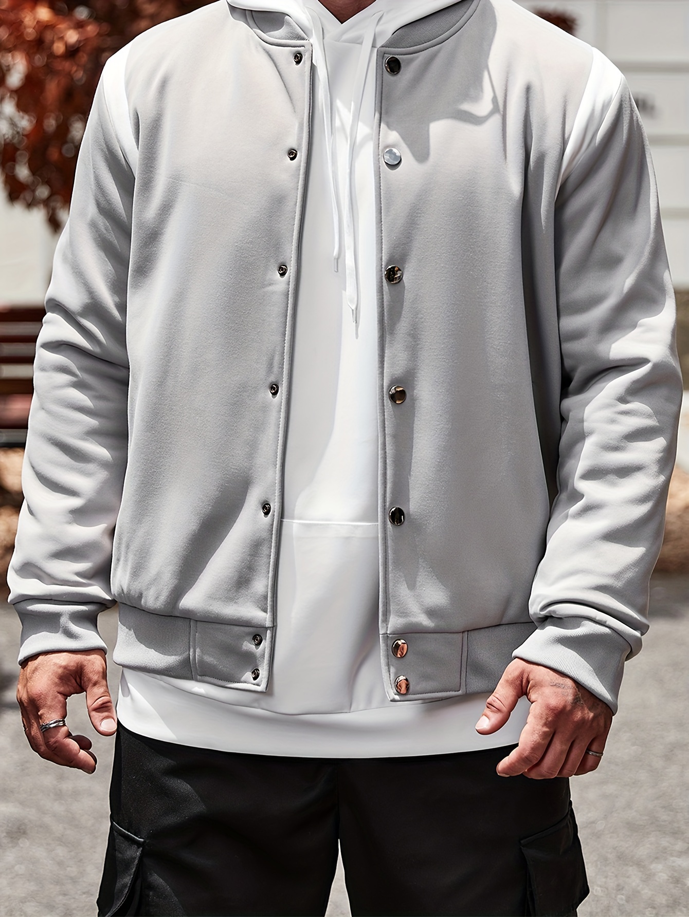 plus size mens casual jacket solid color fashion sportswear trendy lightweight outerwear with button closure and hood streetwear style details 0