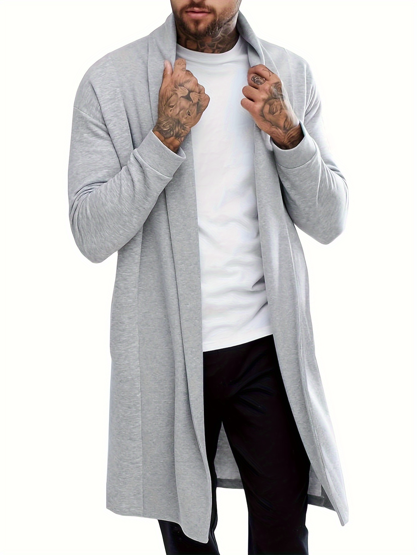 plus size mens solid cardigan fashion casual gown spring fall winter coat mens clothing details 10