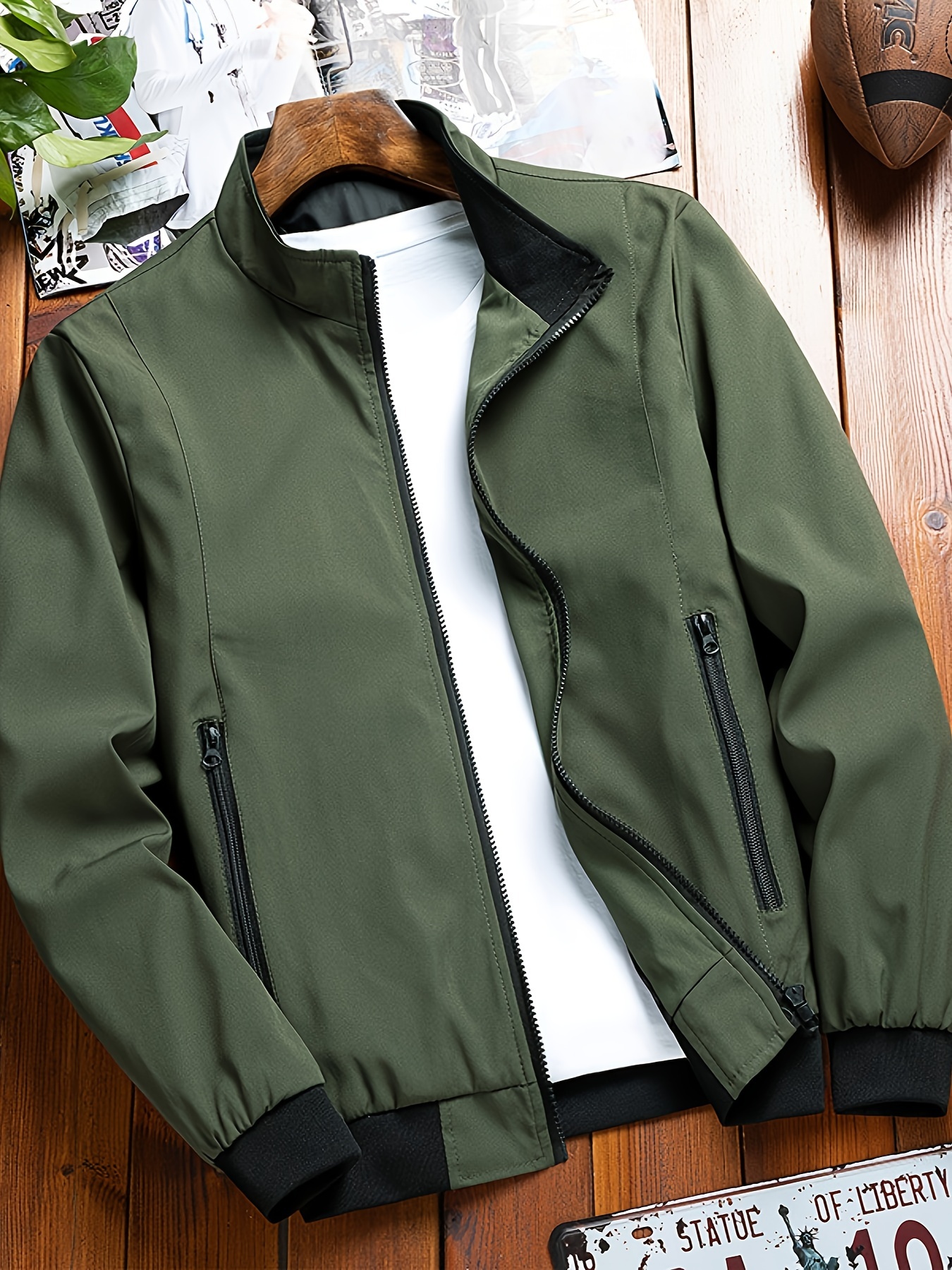 mens plus size spring autumn fashion stand collar jacket trendy business casual solid color outerwear details 0