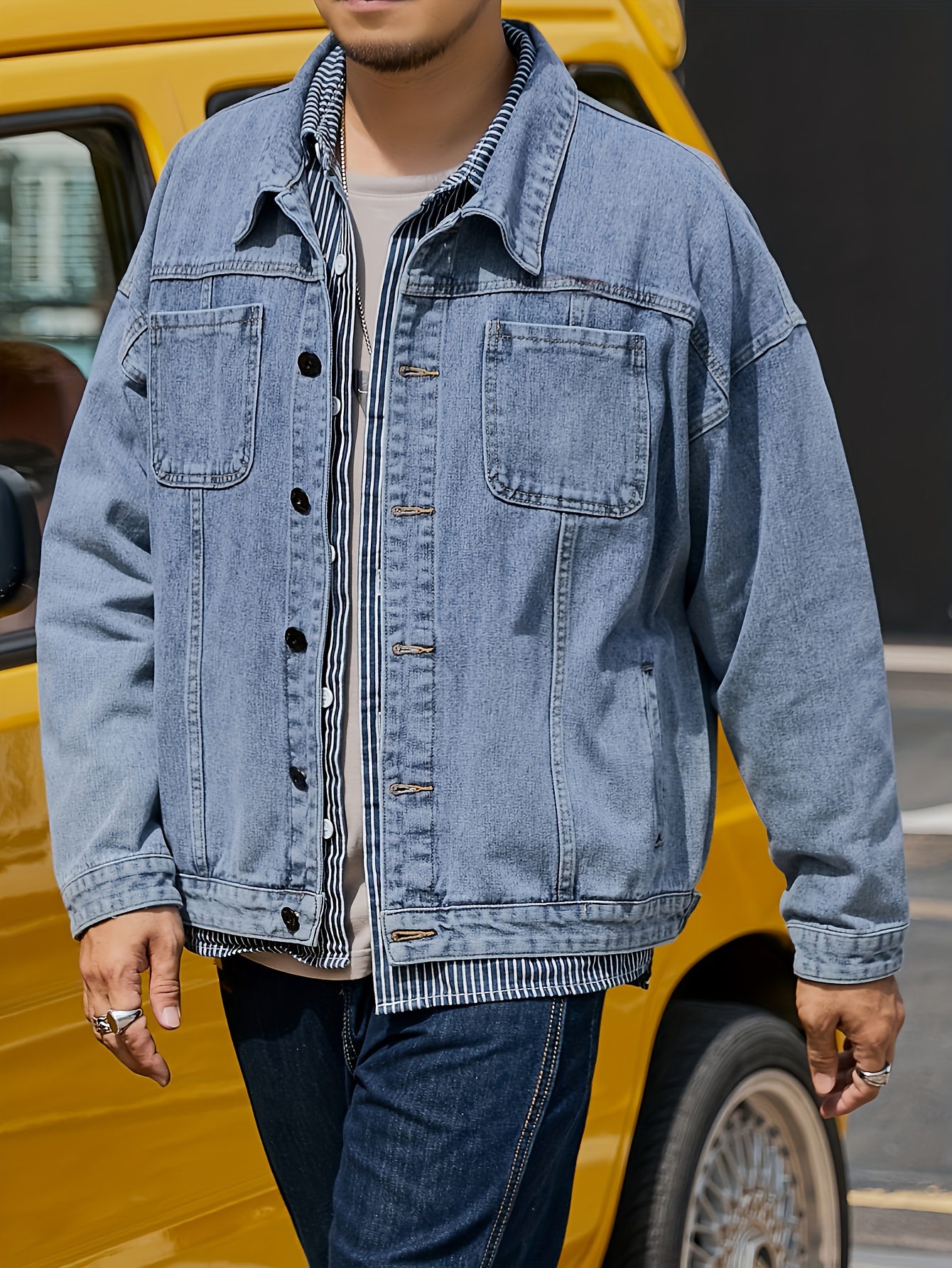 plus size mens solid denim jacket for spring fall details 0