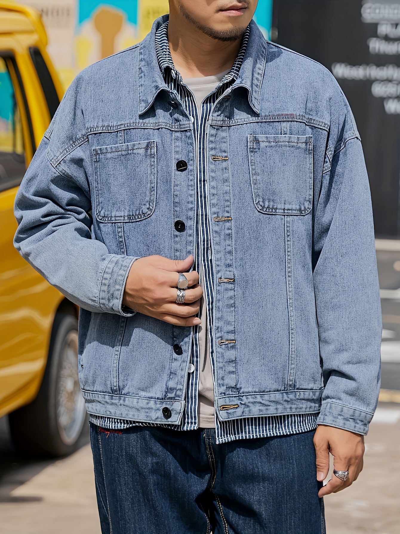 plus size mens solid denim jacket for spring fall details 1