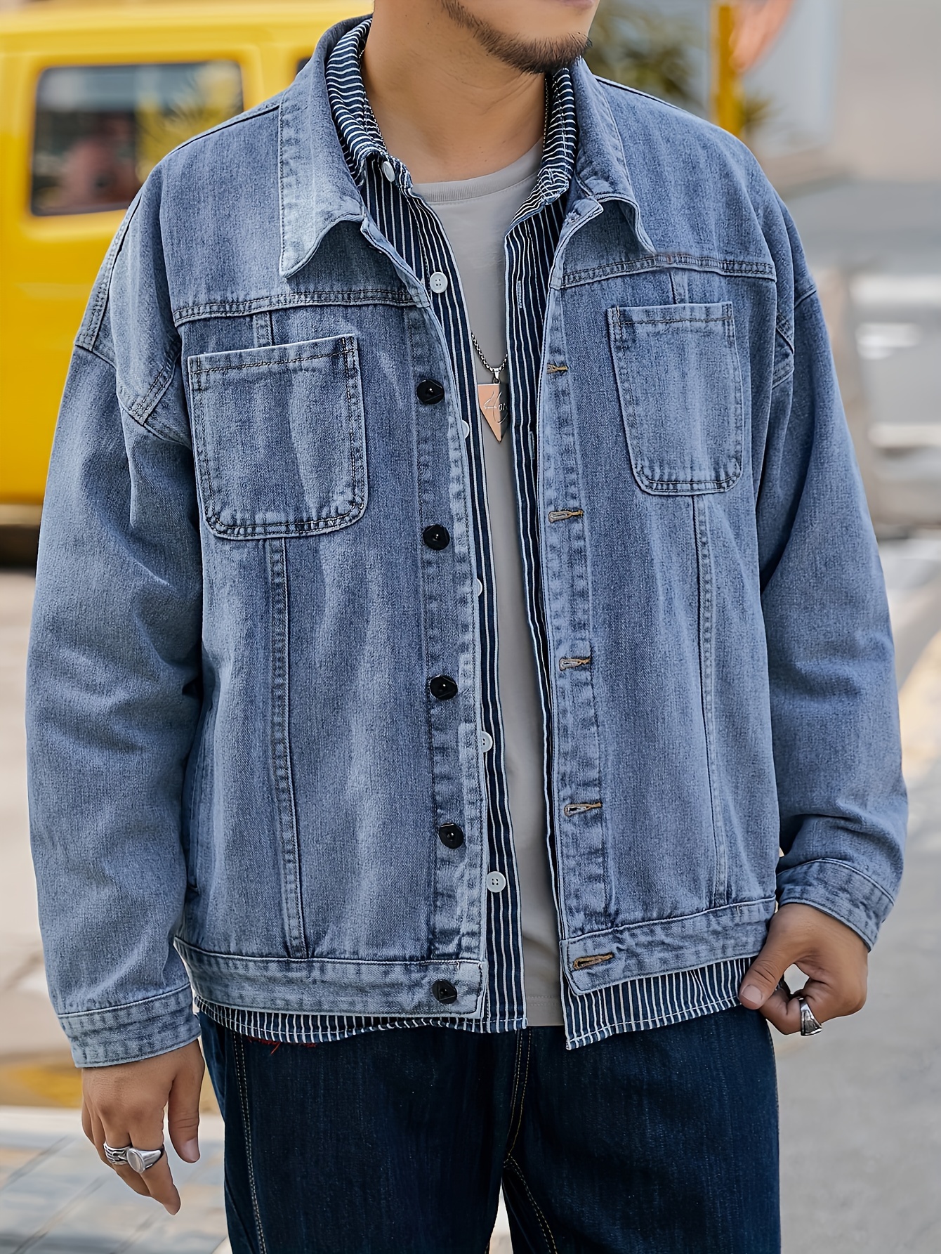 plus size mens solid denim jacket for spring fall details 2