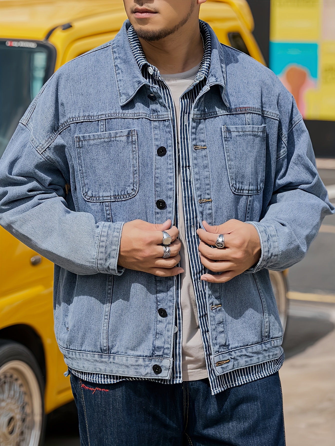 plus size mens solid denim jacket for spring fall details 5