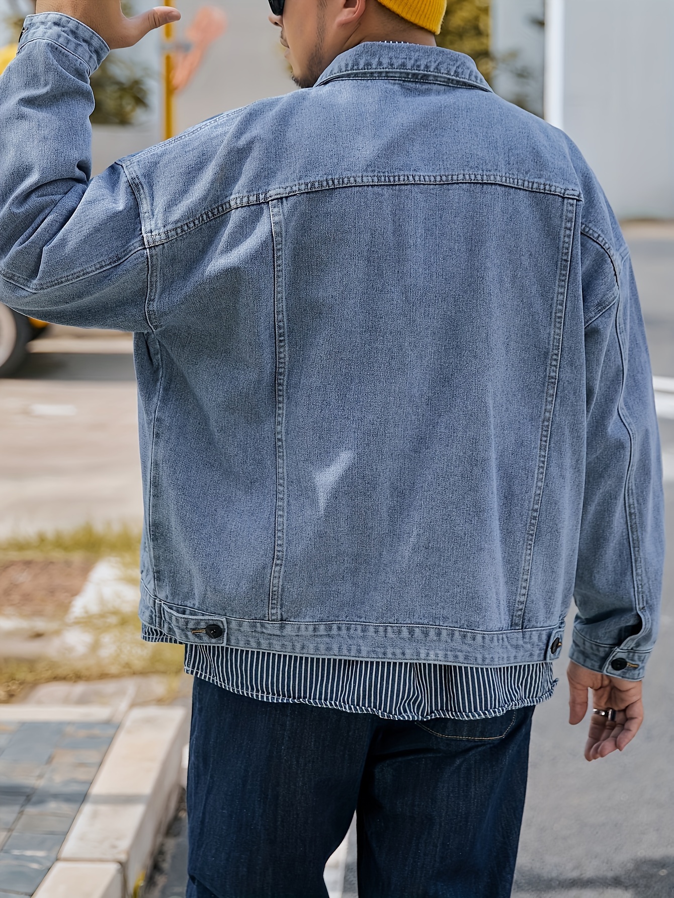 plus size mens solid denim jacket for spring fall details 7