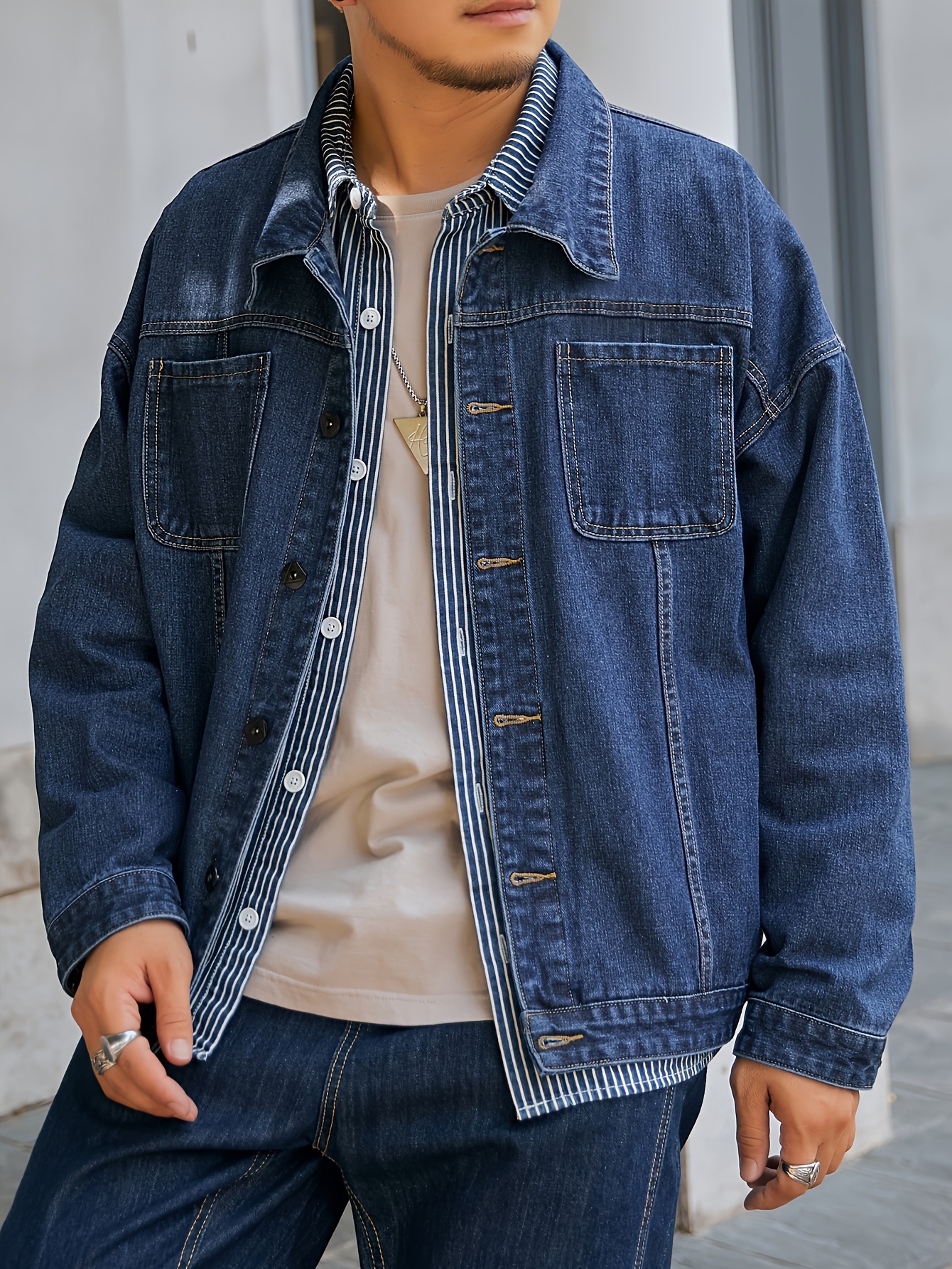 plus size mens solid denim jacket for spring fall details 10