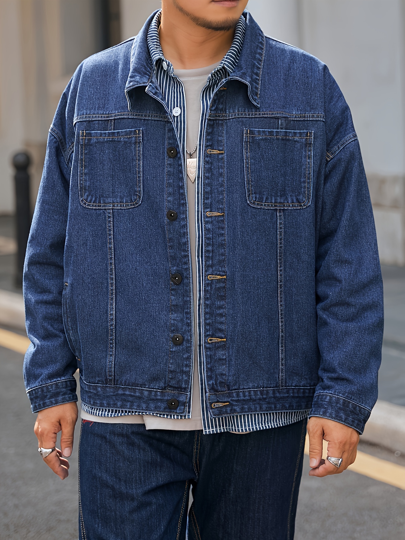 plus size mens solid denim jacket for spring fall details 12