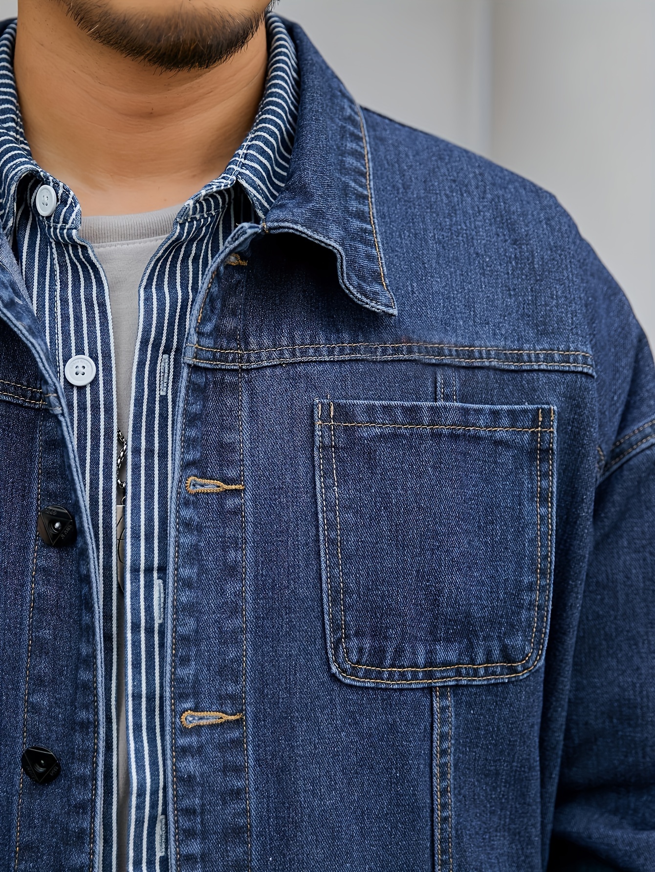 plus size mens solid denim jacket for spring fall details 14