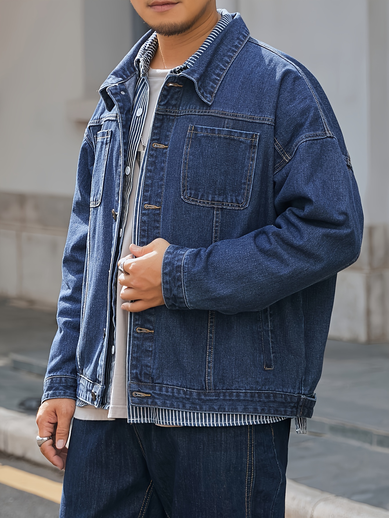 plus size mens solid denim jacket for spring fall details 16