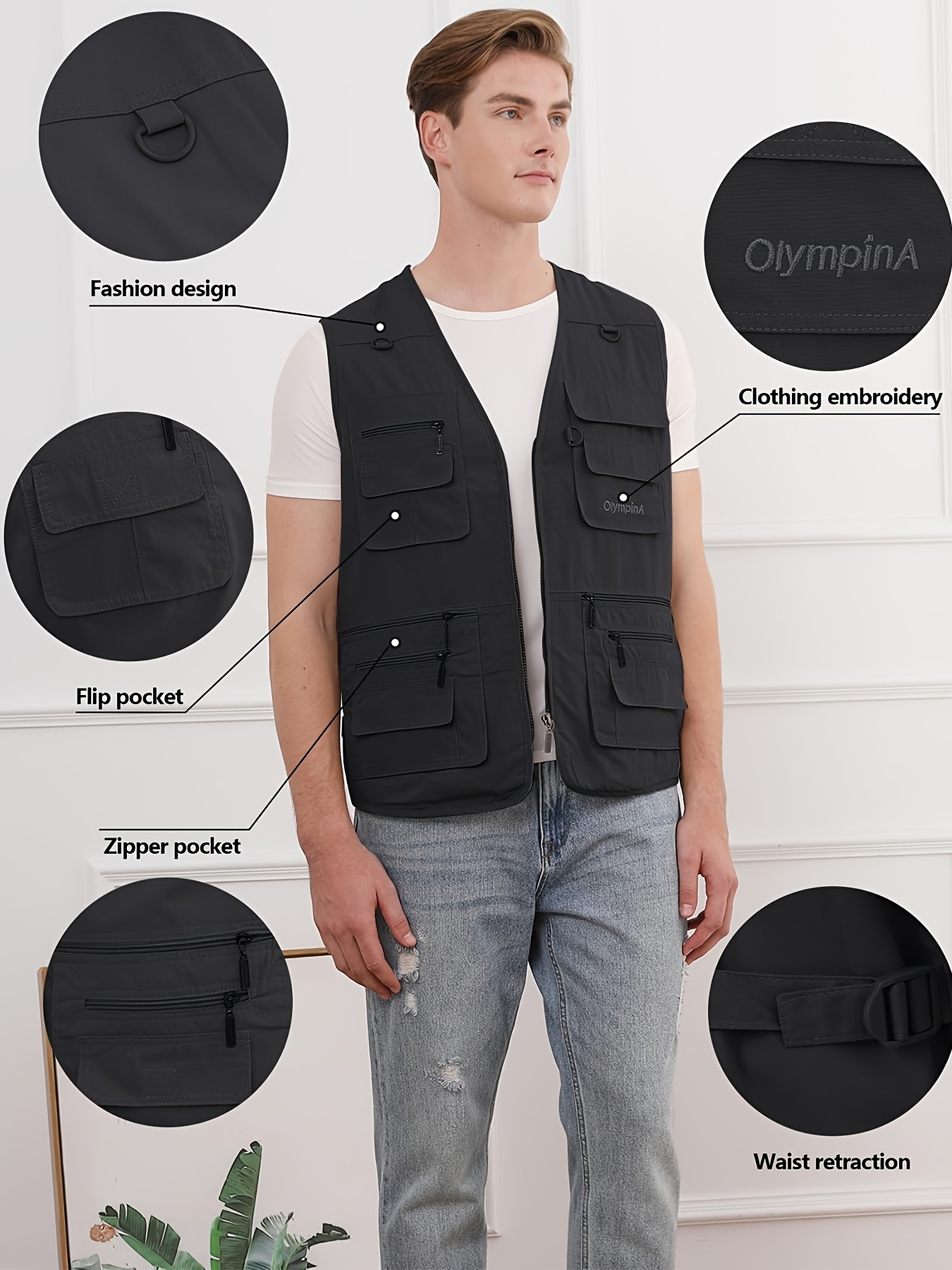 mens plus solid zip up cargo vest lightweight sleeveless tops for summer outdoor hiking and fishing details 4