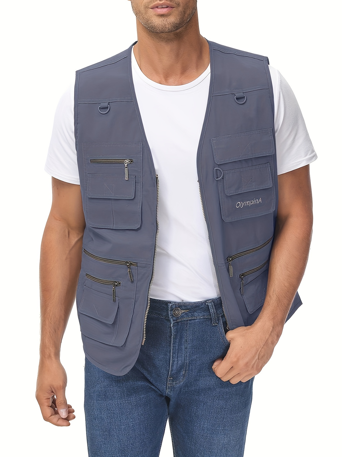 mens plus solid zip up cargo vest lightweight sleeveless tops for summer outdoor hiking and fishing details 5