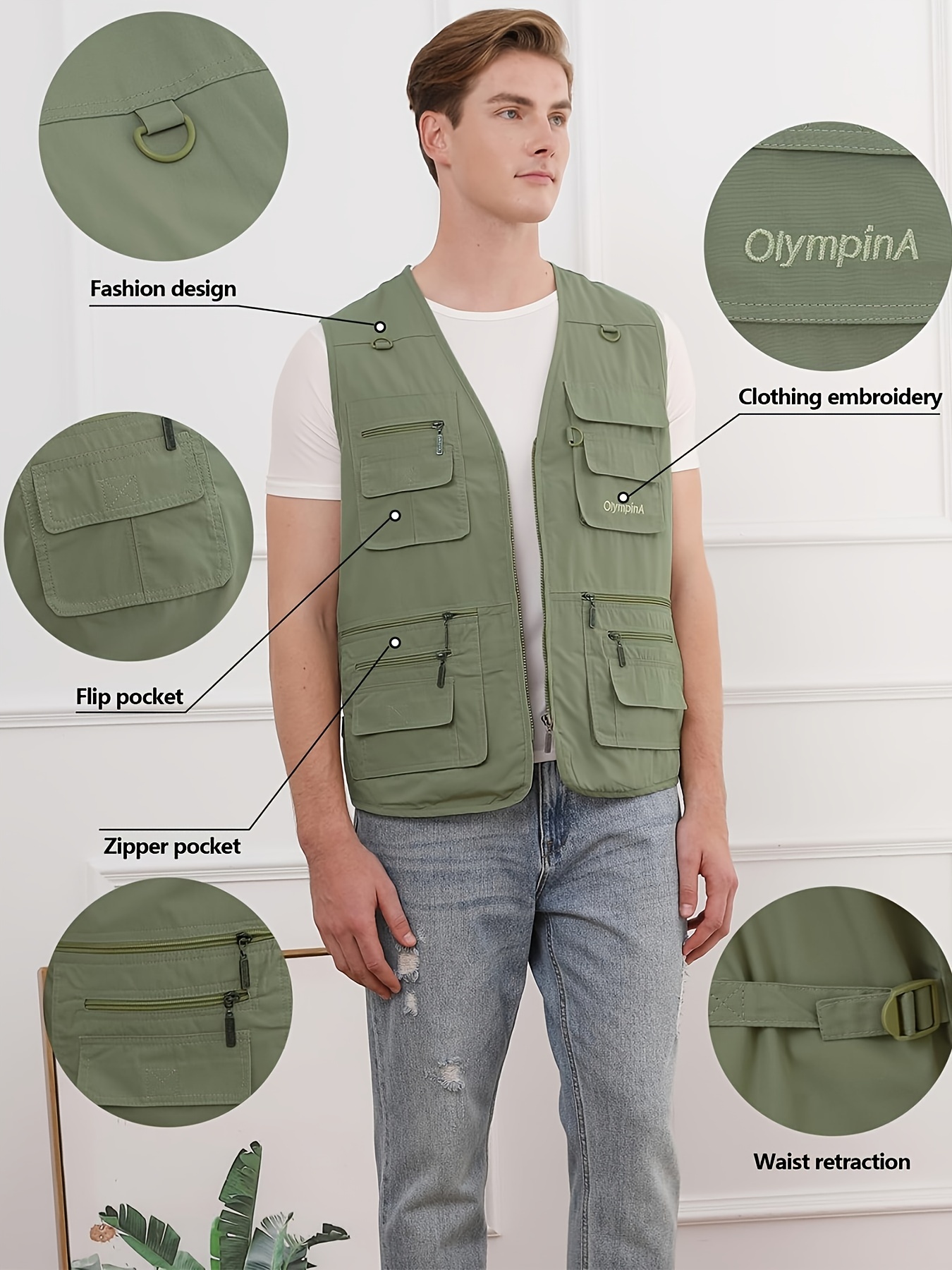 mens plus solid zip up cargo vest lightweight sleeveless tops for summer outdoor hiking and fishing details 14