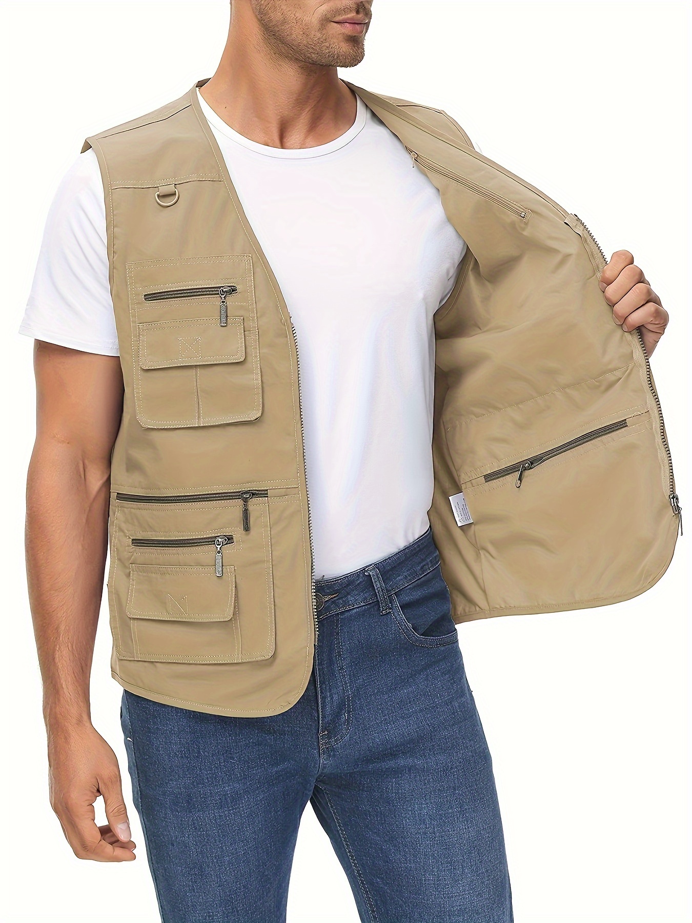 mens plus solid zip up cargo vest lightweight sleeveless tops for summer outdoor hiking and fishing details 17