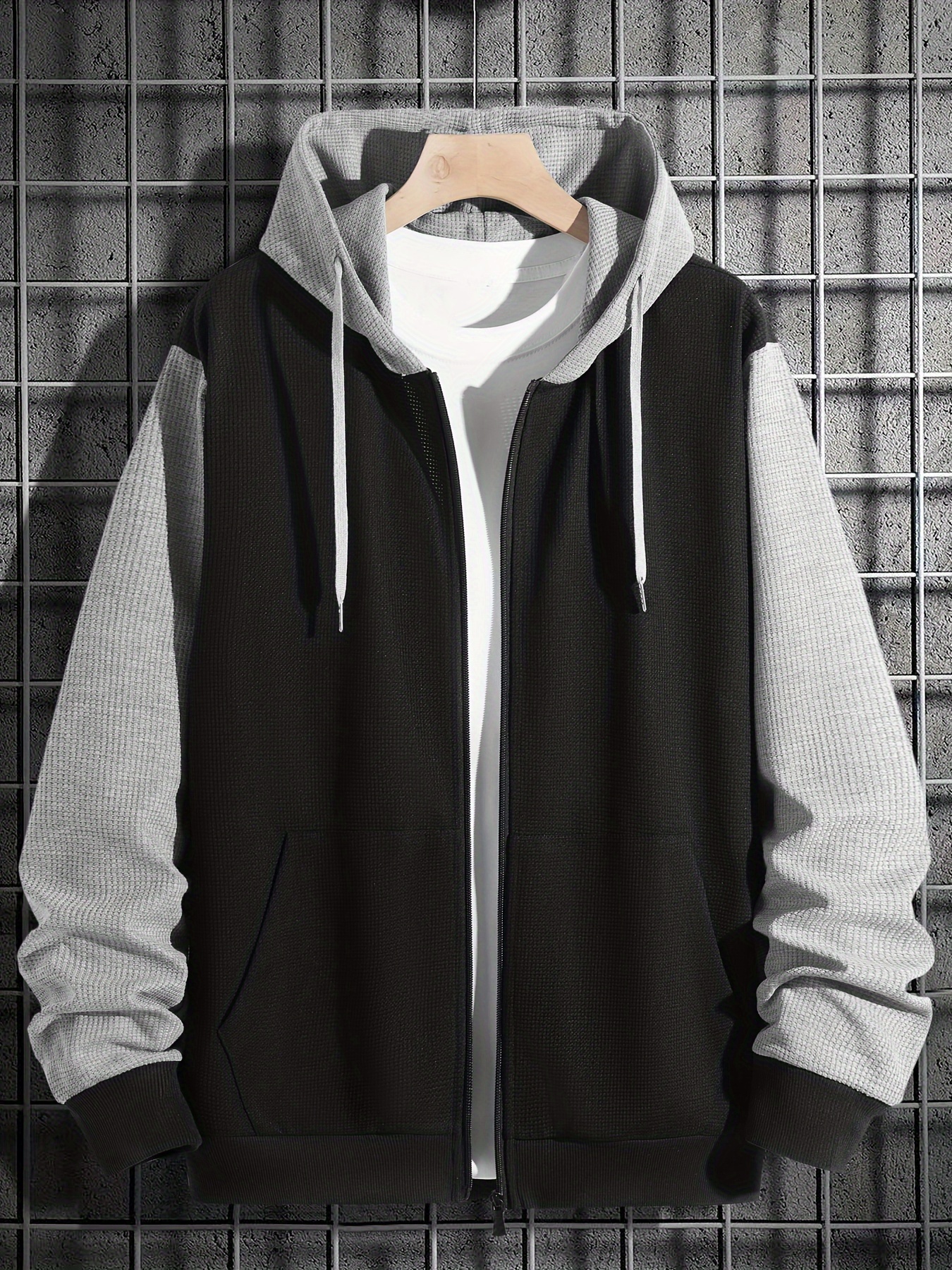 plus size mens contrast color hooded jacket for spring fall winter mens clothing details 0