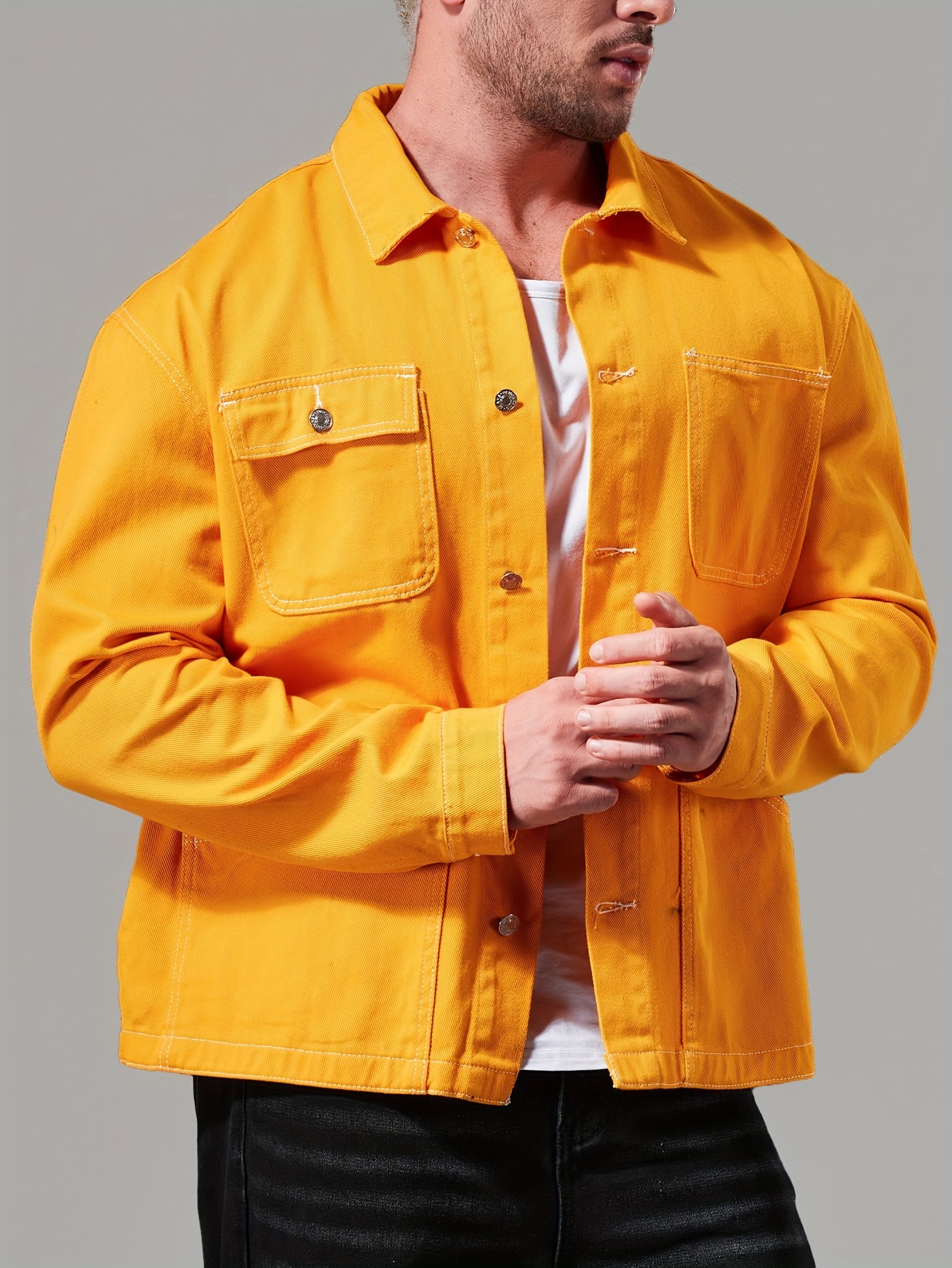 plus size mens solid denim jacket for spring fall mens clothing details 2