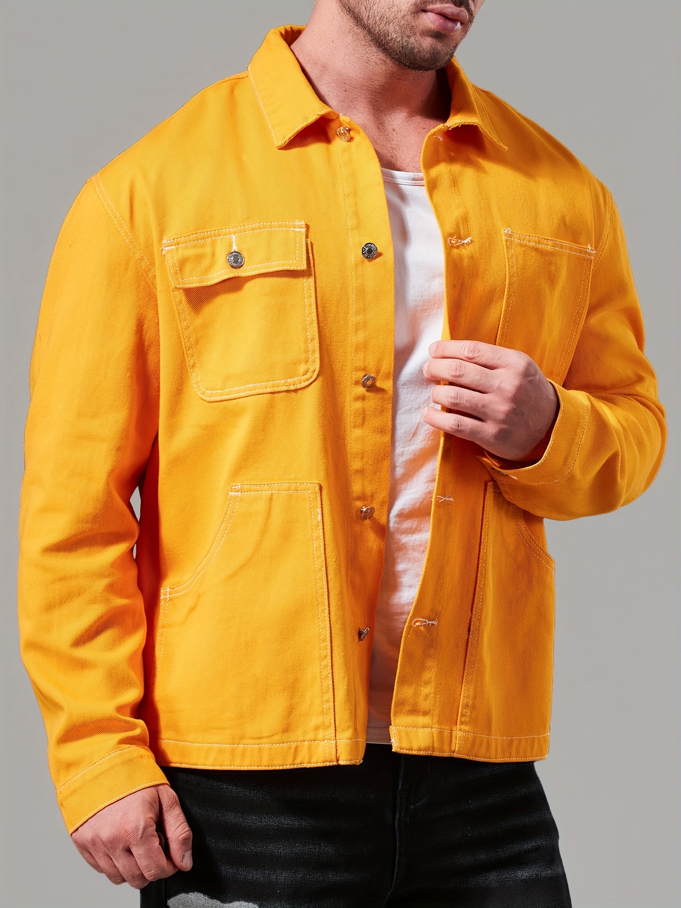 plus size mens solid denim jacket for spring fall mens clothing details 3