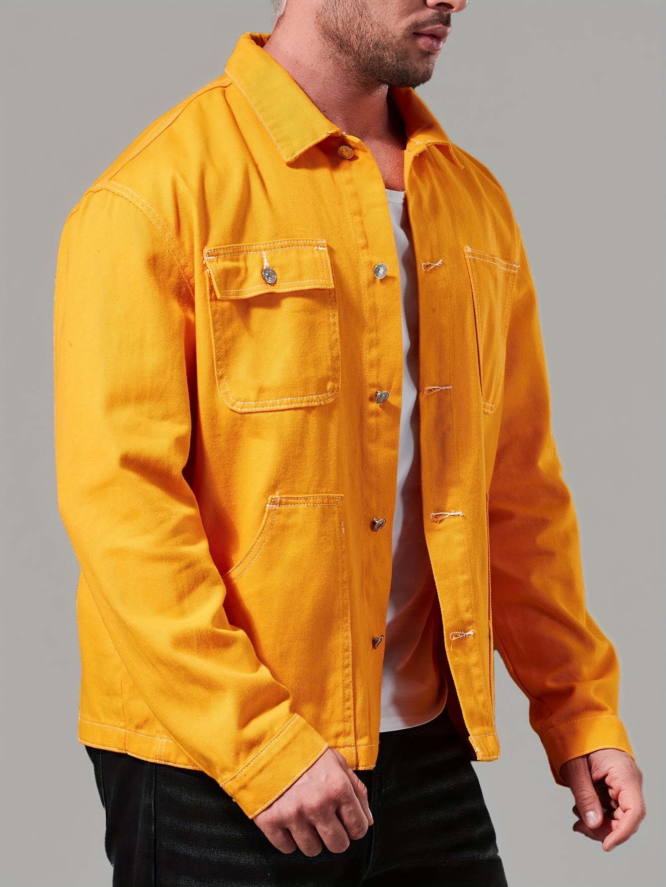 plus size mens solid denim jacket for spring fall mens clothing details 4