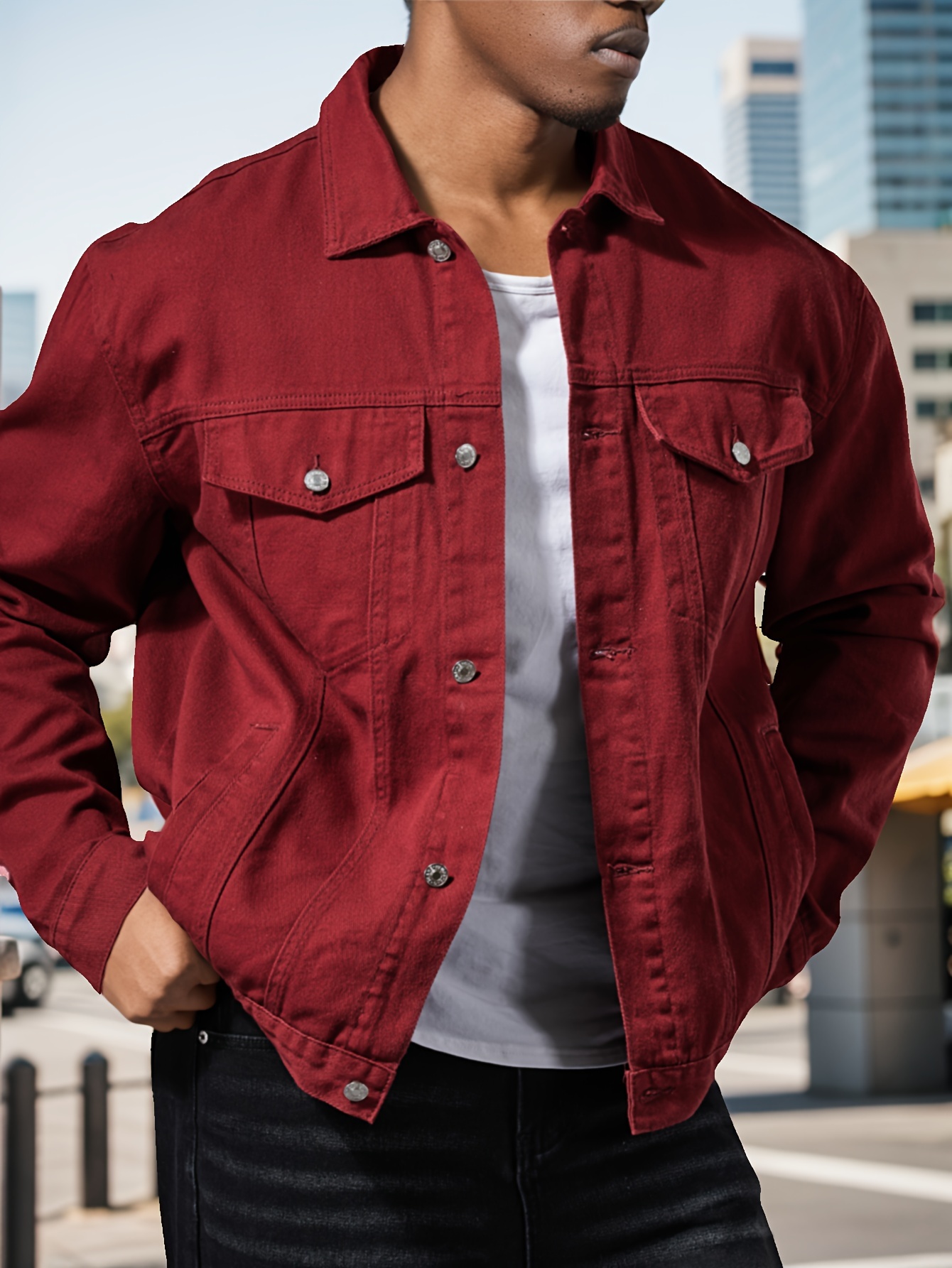 plus size mens solid denim jacket for spring fall mens clothing details 11