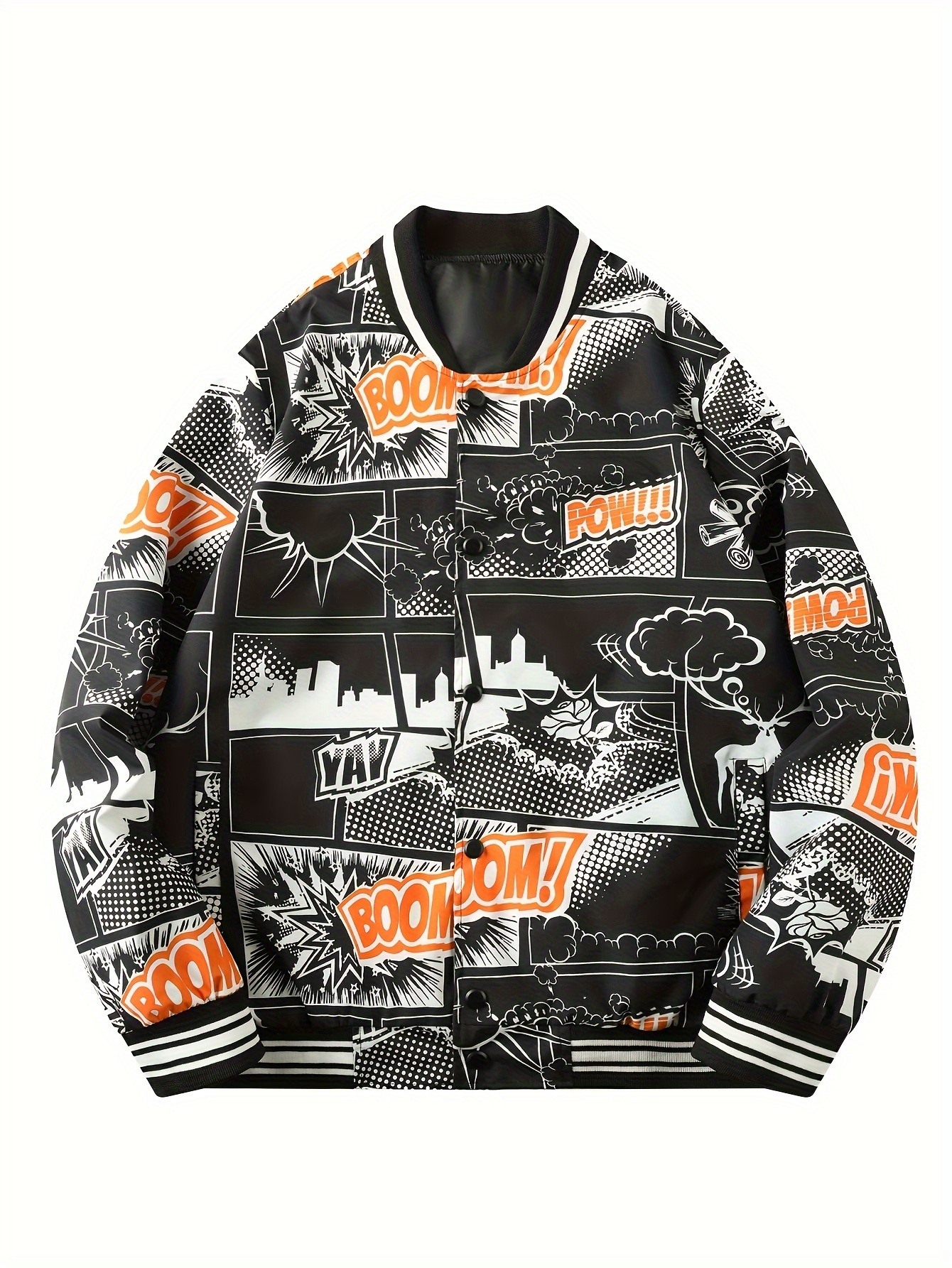 plus size mens caricature pattern print baseball jacket funny band collar jacket for fall winter mens clothing details 0