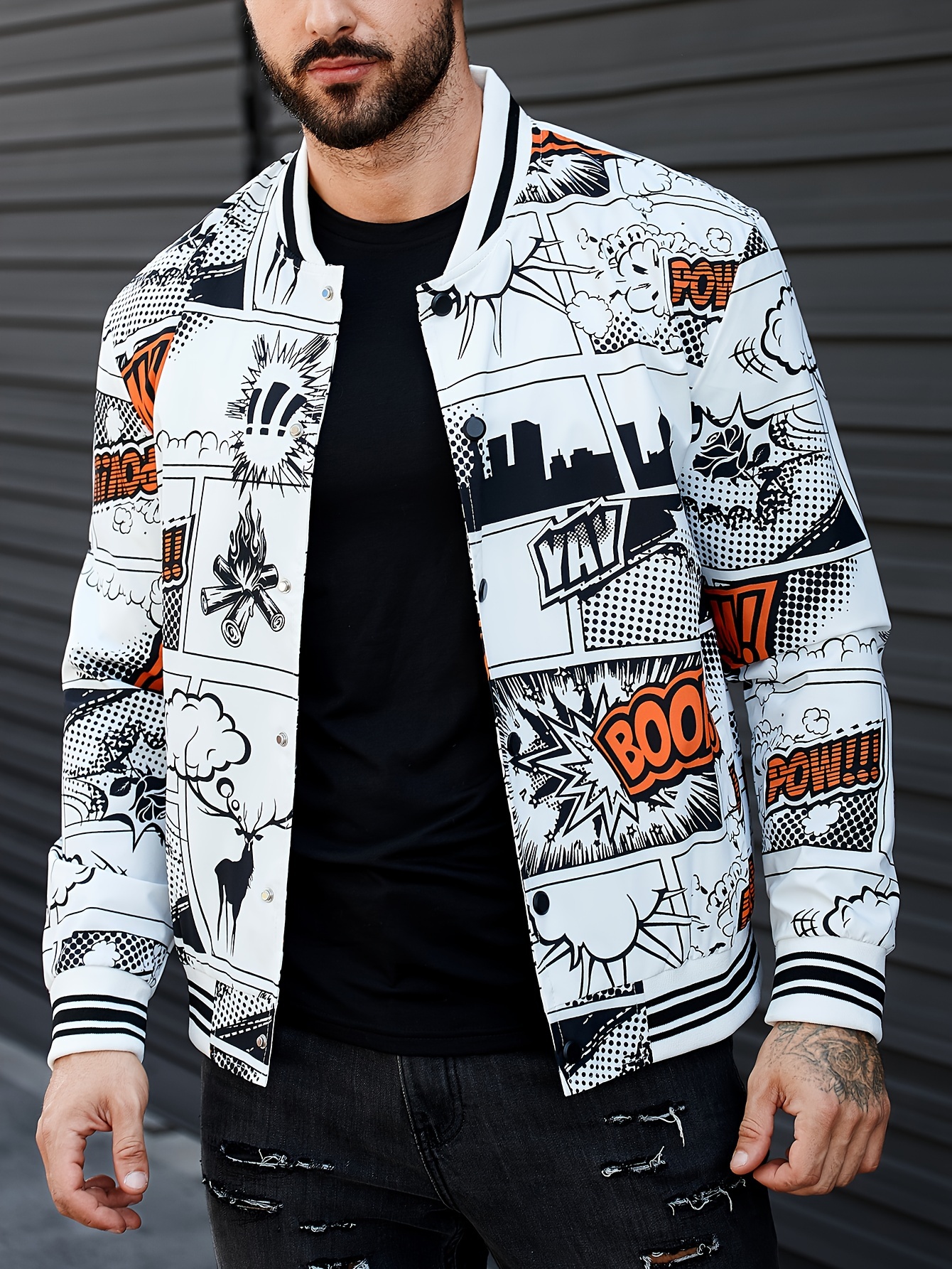 plus size mens caricature pattern print baseball jacket funny band collar jacket for fall winter mens clothing details 6