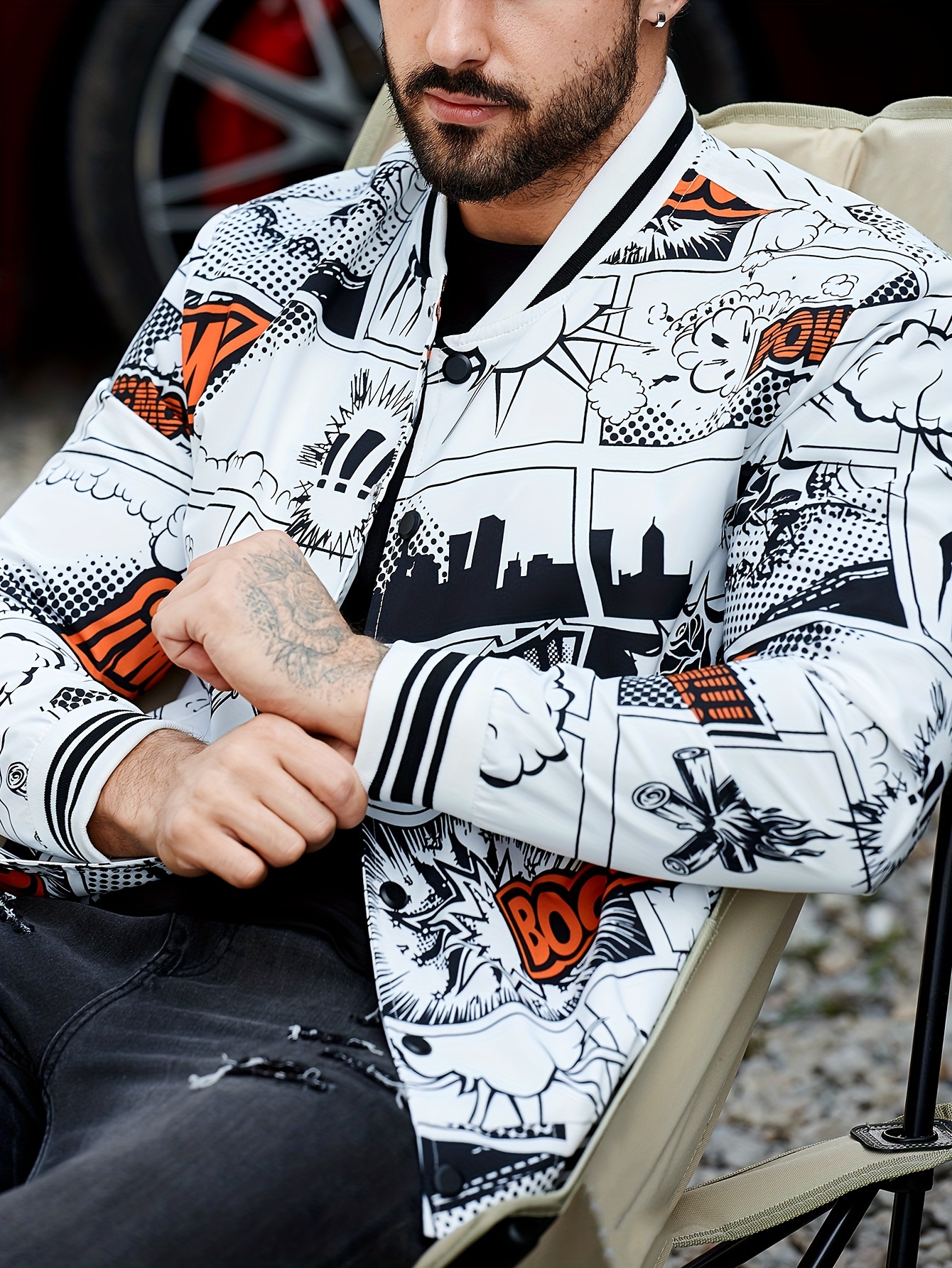 plus size mens caricature pattern print baseball jacket funny band collar jacket for fall winter mens clothing details 7