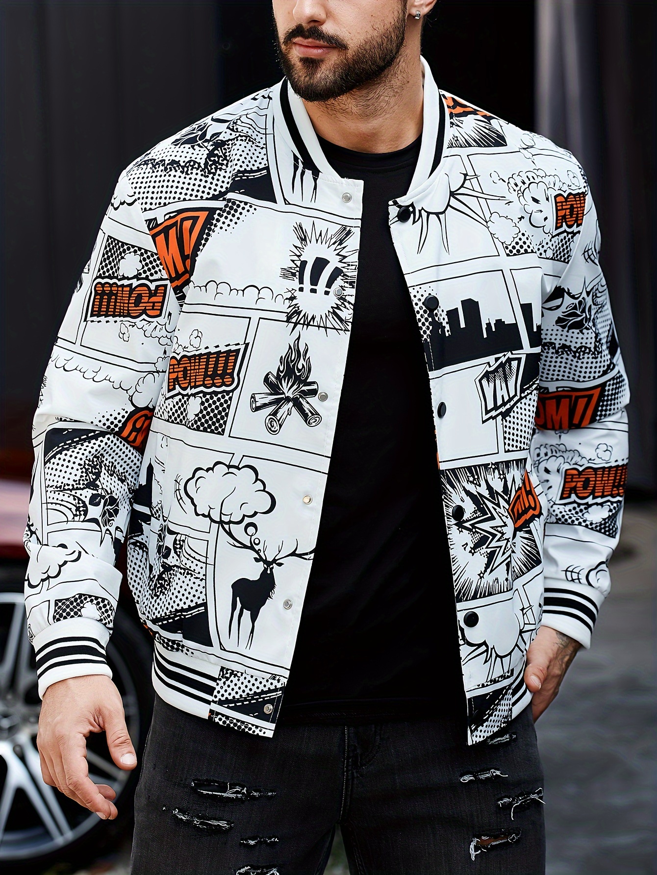 plus size mens caricature pattern print baseball jacket funny band collar jacket for fall winter mens clothing details 9